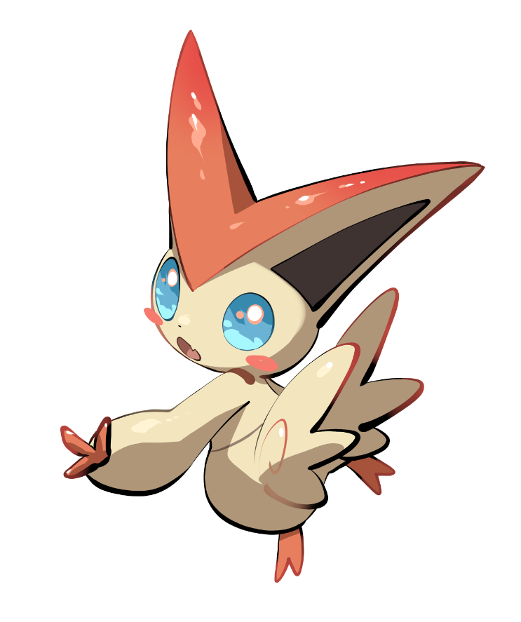 yumeminoideyu2, victini, nintendo, pokemon, :o, animal focus, blue eyes, blush stickers, fang, floating, full body, gen 5 pokemon, legendary pokemon, looking at viewer, mythical pokemon, no humans, open mouth, orange fur, pokemon (creature), pokemon focus, simple background, skin fang, solo, two-tone fur, white background, yellow fur