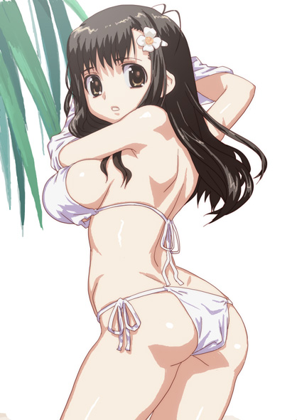 hirose (mokiki), original, character request, ass, back, backboob, bikini, black hair, breasts, brown eyes, clothes lift, flower, from behind, hair flower, hair ornament, large breasts, long hair, looking back, shirt lift, side-tie bikini bottom, sideboob, solo, swimsuit, undressing