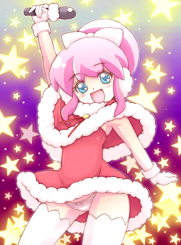 kannagi kaname, my sunshine, battle spirits, battle spirits: shounen toppa bashin, bad id, bad pixiv id, 00s, 1girl, :d, arm up, armpits, blue eyes, blush, bow, bow panties, capelet, christmas, cowboy shot, dress, female focus, flat chest, fur trim, gloves, glowing, gradient background, hair bow, hair bun, hat, head tilt, heart, holding, idol, loli, looking at viewer, lowleg, lowleg panties, microphone, open mouth, panties, pantyshot, pink hair, ribbon, santa costume, santa hat, short dress, short hair, sidelocks, single hair bun, smile, solo, standing, star (symbol), thighhighs, underwear, upskirt, white gloves, white thighhighs, wide hips