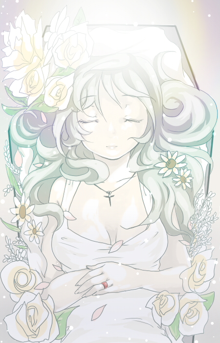 mosho, silver hair, bad id, bad pixiv id, closed eyes, dress, flower, long hair, sleeping, solo