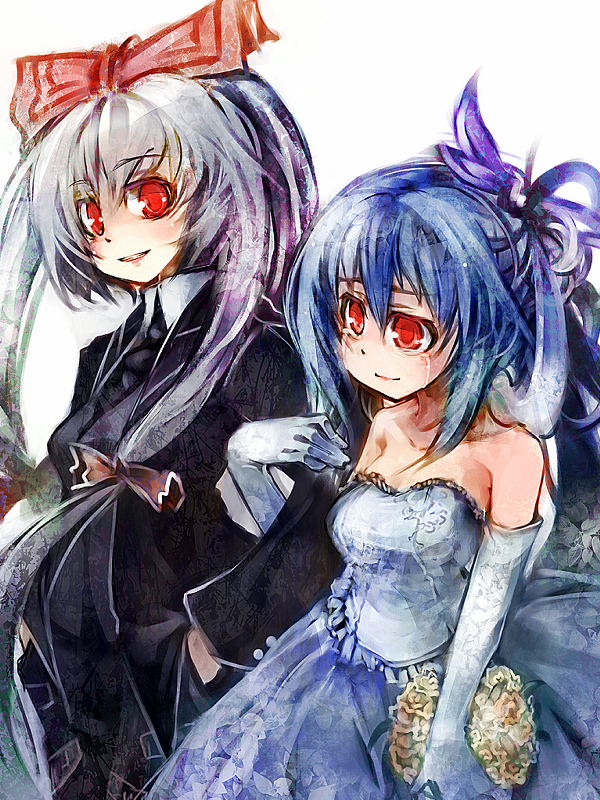 ukyo rst, fujiwara no mokou, kamishirasawa keine, touhou, silver hair, 2girls, bride, dress, female focus, formal clothes, long hair, multiple girls, pant suit, pants, red eyes, ribbon, suit, tears, wedding, wedding dress, yuri