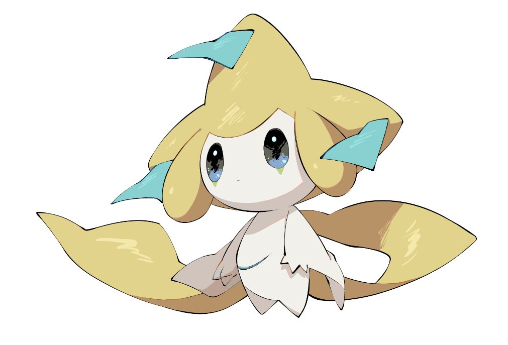 yumeminoideyu2, jirachi, nintendo, pokemon, 1other, black eyes, closed mouth, colored skin, floating, full body, gen 3 pokemon, legendary pokemon, looking at viewer, mythical pokemon, other focus, pokemon (creature), pokemon focus, ribbon, simple background, solo, tanzaku, white background, white skin, yellow ribbon