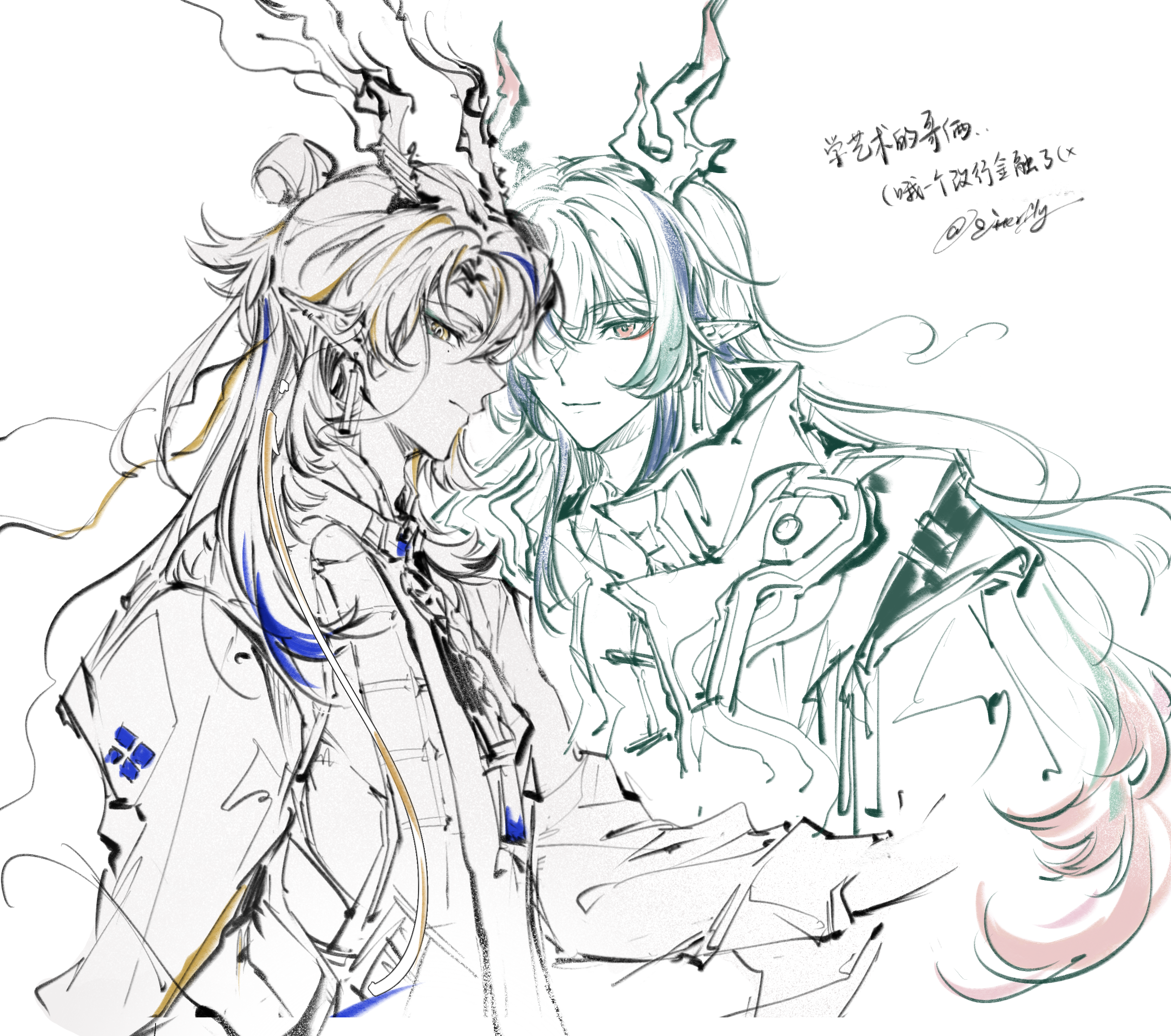 mitterfly, ji (arknights), arknights, chinese commentary, highres, 2boys, aqua hair, blonde hair, blue hair, brothers, brown eyes, chinese text, closed mouth, colored tips, curtained hair, dragon boy, dragon horns, earrings, eastern dragon tail, expressionless, greyscale, hair between eyes, high collar, horns, jacket, jewelry, long hair, long sleeves, looking at viewer, male focus, mandarin collar, medium hair, mole, mole under eye, monochrome, multicolored hair, multiple boys, necktie, one eye covered, pink eyes, pink hair, pointy ears, profile, robe, siblings, side-by-side, sideways glance, simple background, smile, smoke, spot color, streaked hair, topknot, upper body, white background, yi (arknights)