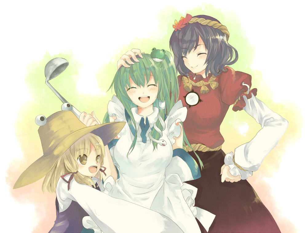 shiina aya, kochiya sanae, moriya suwako, yasaka kanako, touhou, 3girls, apron, blonde hair, blush, closed eyes, family, female focus, green hair, hair ornament, hand on another's head, happy, hat, hug, ladle, multiple girls, open mouth, ponytail, purple hair, ribbon, side ponytail, smile, yellow eyes