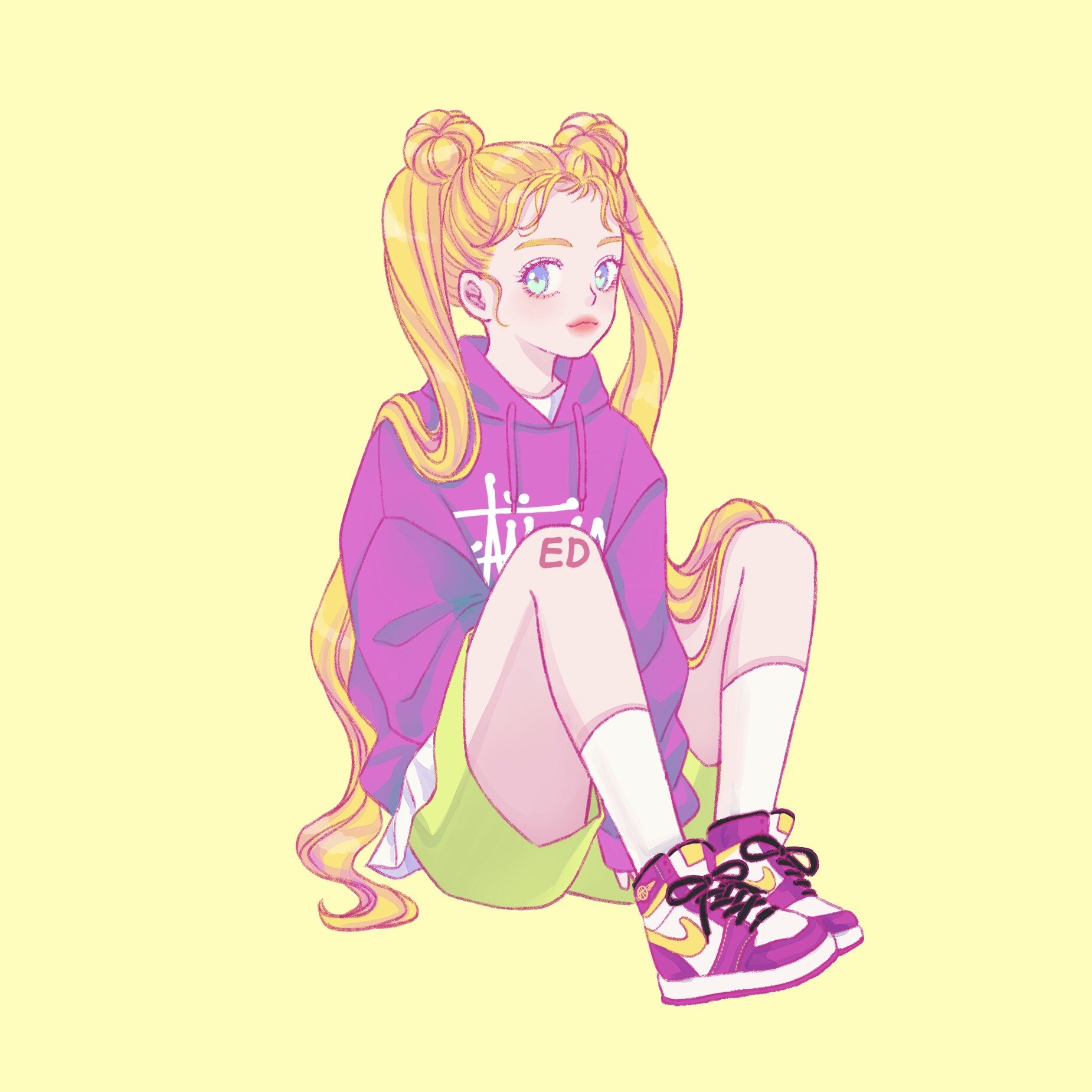 tsukino usagi, bishoujo senshi sailor moon, commentary request, highres, korean commentary, 1girl, blonde hair, closed mouth, double bun, eundi ed, full body, green shorts, hair bun, hood, hoodie, purple hoodie, shoes, shorts, simple background, sitting, sneakers, socks, solo, white socks, yellow background