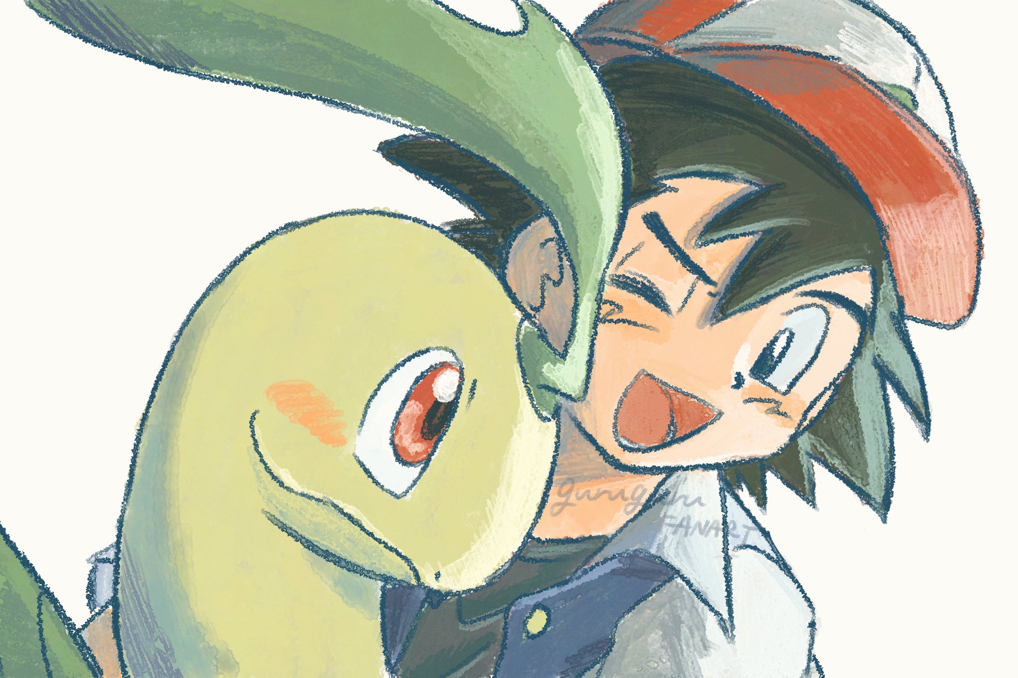 omochi (aoi guruguru), ash ketchum, bayleef, nintendo, pokemon, pokemon (anime), pokemon (classic anime), highres, 1boy, baseball cap, black hair, black shirt, blush, closed mouth, gen 2 pokemon, hat, jacket, leaf, one eye closed, open clothes, open jacket, open mouth, pokemon (creature), red eyes, shirt, smile, upper body