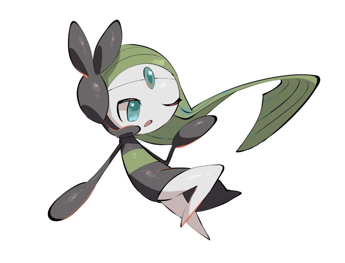 yumeminoideyu2, meloetta, meloetta (aria), nintendo, pokemon, 1girl, :o, black dress, blue eyes, colored skin, dress, floating, forehead jewel, full body, gen 5 pokemon, green hair, legendary pokemon, long hair, looking to the side, mythical pokemon, one eye closed, open mouth, pokemon (creature), pokemon focus, simple background, solo, white background, white skin