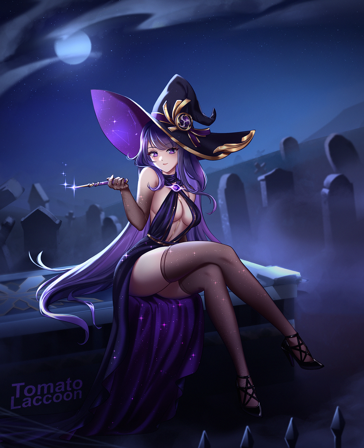 tomatolaccoon, raiden shogun, genshin impact, commentary, hashtag-only commentary, highres, 1girl, alternate costume, alternate hairstyle, artist name, bare shoulders, black hat, black shoes, black thighhighs, blush, breasts, cleavage, closed mouth, crossed legs, dress, full moon, graveyard, hand up, hat, high heels, holding, holding wand, large breasts, long hair, looking at viewer, mole, mole under eye, moon, night, night sky, outdoors, purple dress, purple eyes, purple hair, shoes, sitting, sky, sleeveless, sleeveless dress, smile, solo, thighhighs, tombstone, very long hair, wand, witch hat