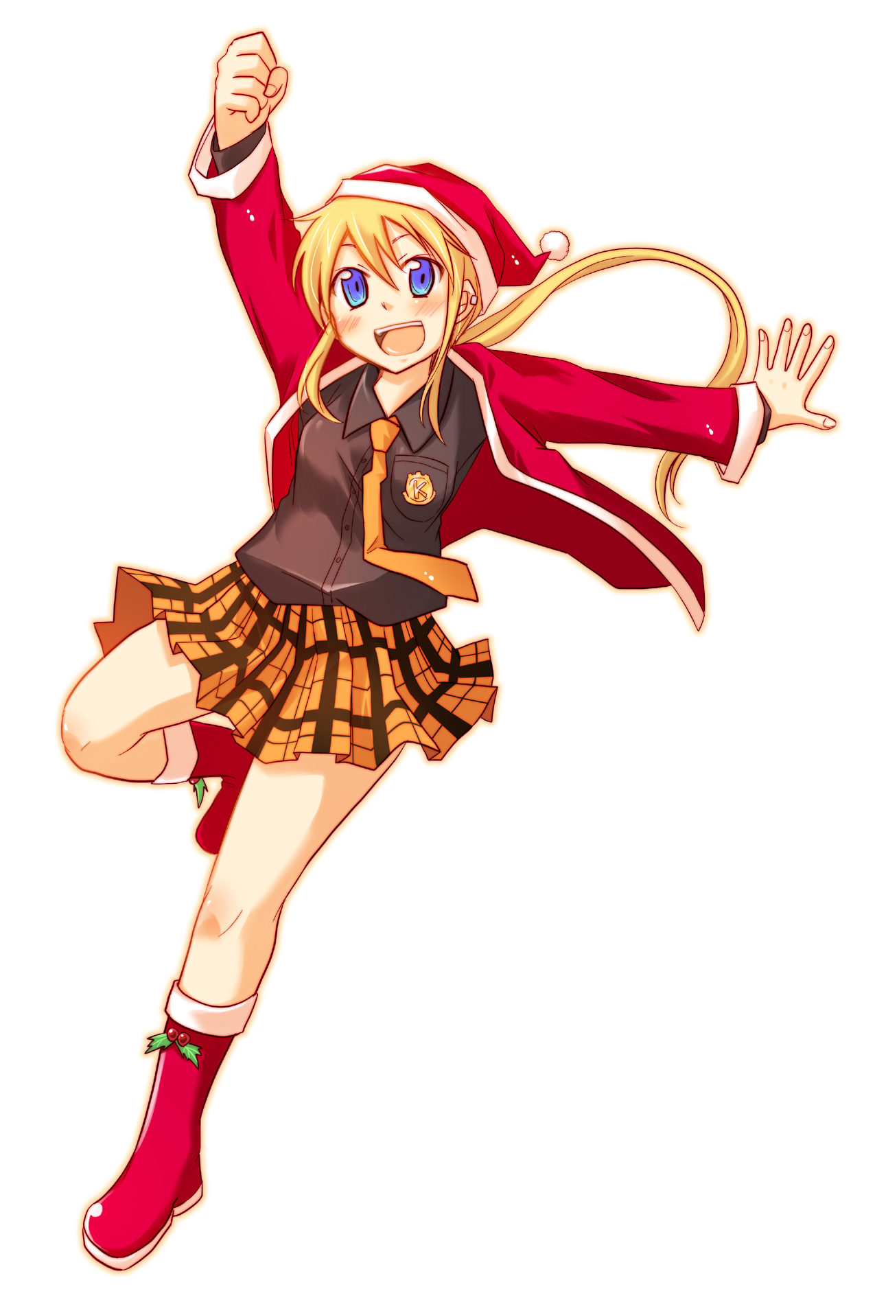 pikachi, kageyama torako, hyakko, highres, 00s, 1girl, blonde hair, blue eyes, blush, christmas, female focus, hat, necktie, open mouth, orange hair, santa costume, school uniform, simple background, skirt, smile, solo, teeth, white background