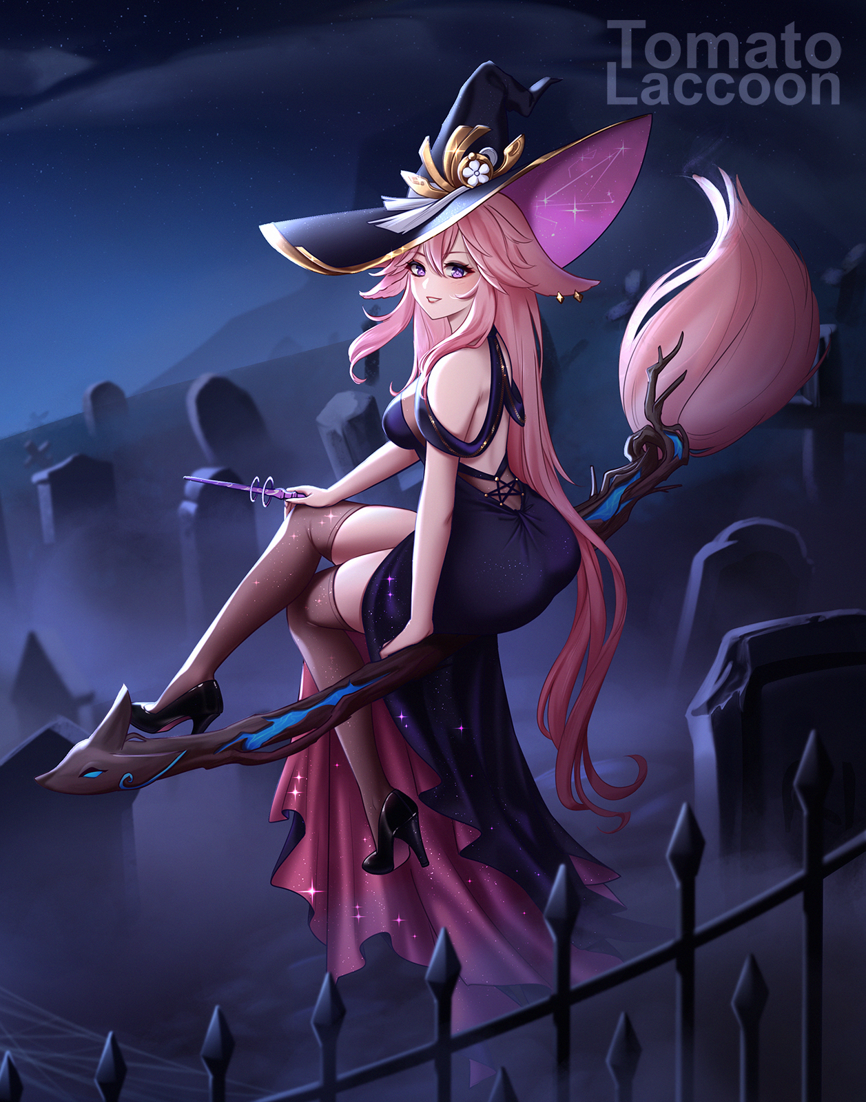 tomatolaccoon, yae miko, genshin impact, commentary, hashtag-only commentary, highres, 1girl, alternate costume, alternate hairstyle, animal ears, artist name, bare shoulders, black hat, black shoes, black thighhighs, breasts, broom, broom riding, dress, fox ears, fox girl, from behind, graveyard, hair between eyes, hat, high heels, holding, holding wand, large breasts, long hair, looking at viewer, night, outdoors, pink hair, purple dress, purple eyes, shoes, sleeveless, sleeveless dress, smile, solo, thighhighs, tombstone, very long hair, wand, witch hat