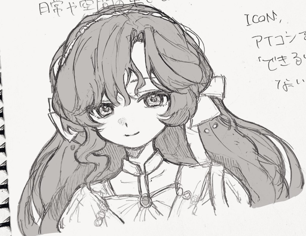 isolde (reverse:1999), reverse:1999, 1girl, aged down, azu (tea 00 3), closed mouth, cropped torso, dress, dutch angle, greyscale, hairband, long hair, looking at viewer, monochrome, portrait, sketch, smile, solo, straight-on, white background