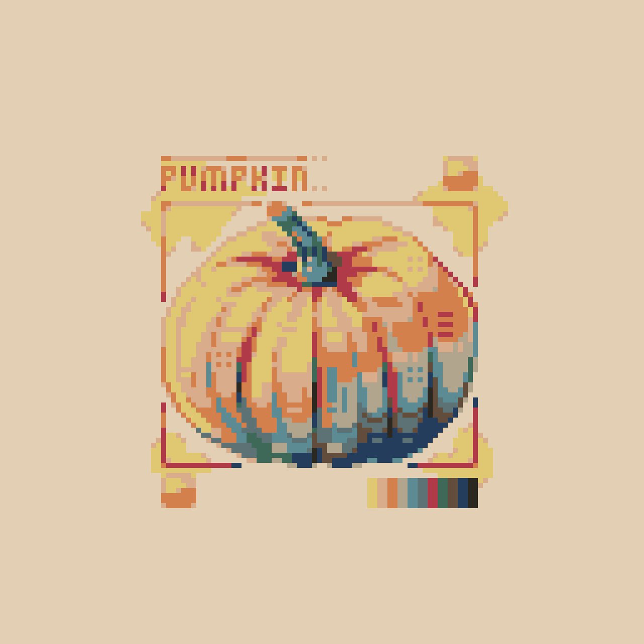 original, highres, border, color guide, english text, no humans, pixel art, pumpkin, still life, ventiquepxl