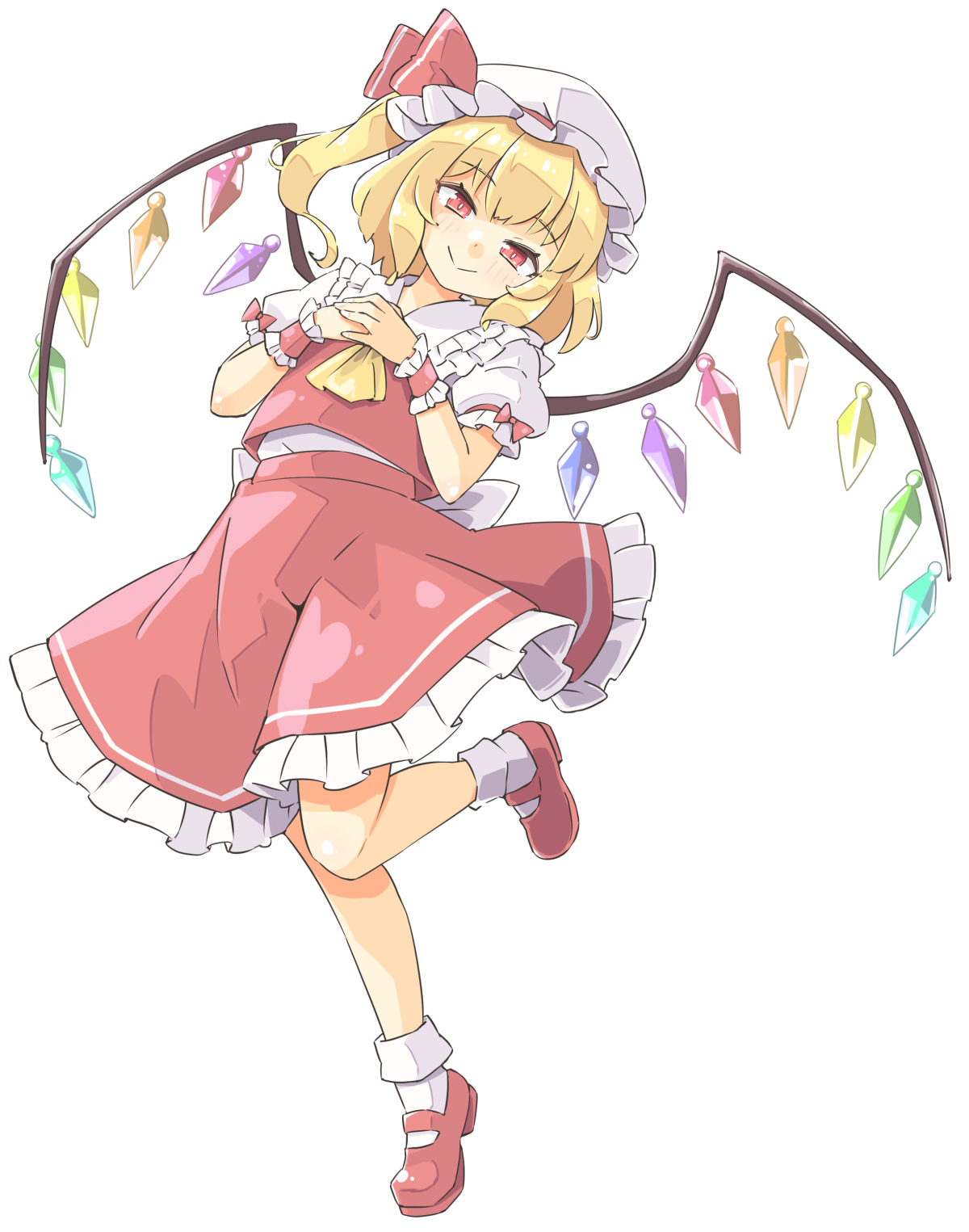 arnest, flandre scarlet, touhou, highres, 1girl, blonde hair, hat, looking at viewer, mob cap, red eyes, simple background, skirt, smile, solo, white background, wings