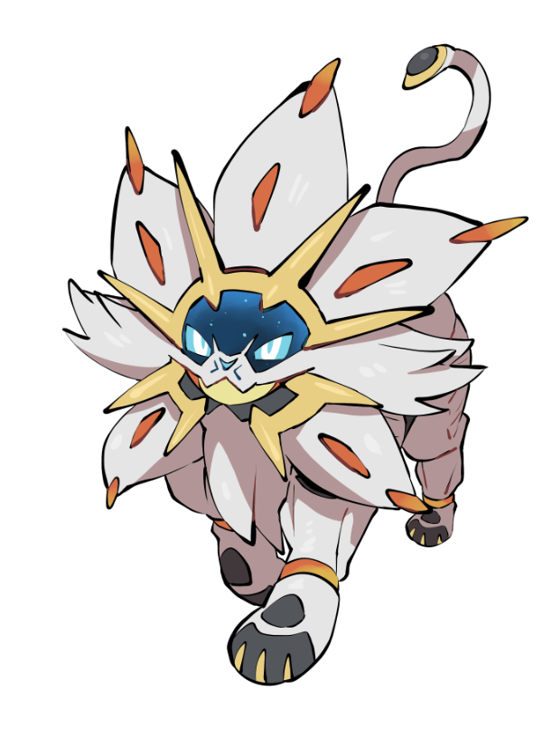 yumeminoideyu2, solgaleo, nintendo, pokemon, animal focus, animal hands, blue sclera, colored sclera, full body, gen 7 pokemon, legendary pokemon, lion, looking at viewer, mane, no humans, pokemon (creature), pokemon focus, simple background, solo, standing, white background, white eyes, white fur