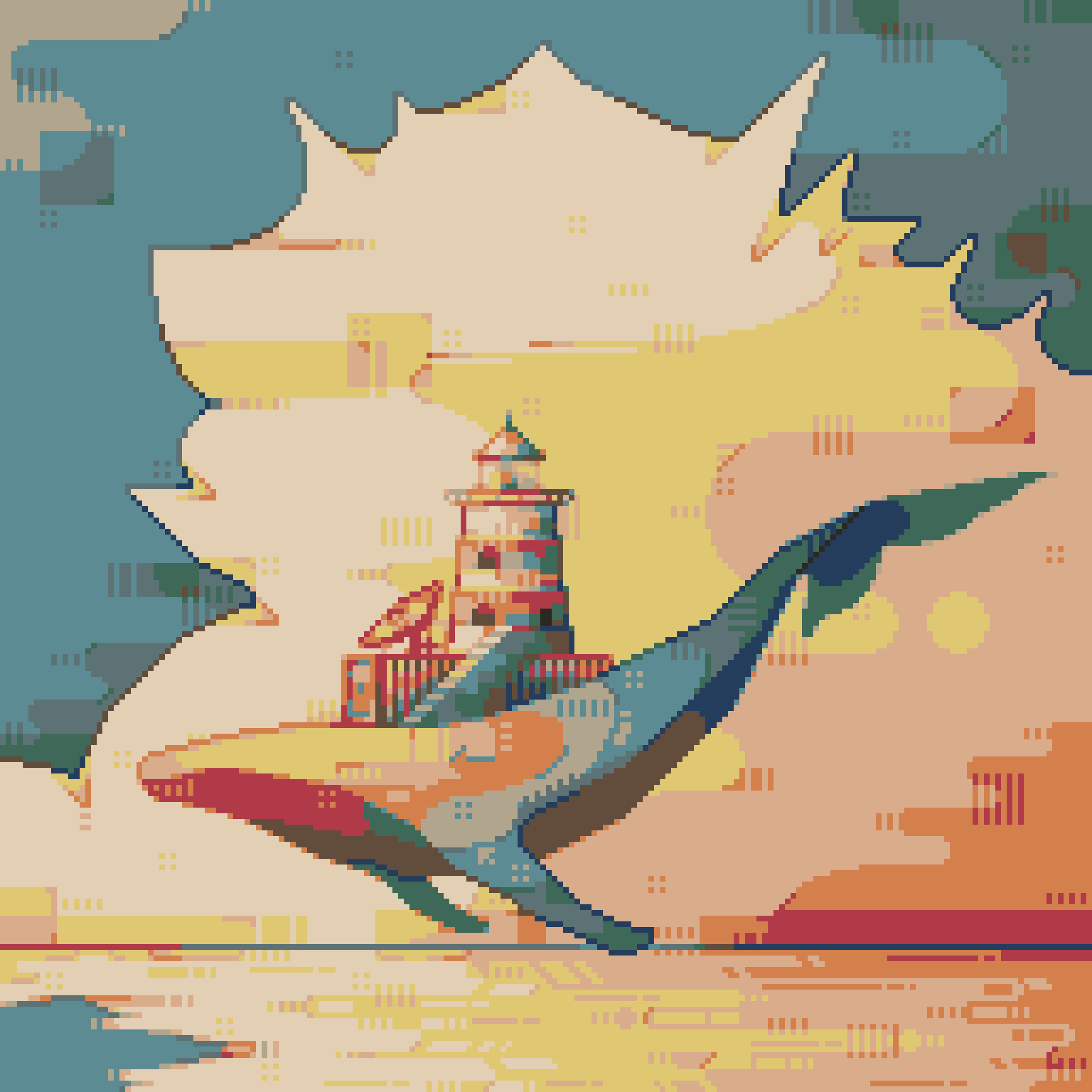 original, highres, cloud, cloudy sky, day, fantasy, floating, horizon, lighthouse, no humans, outdoors, pixel art, reflection, reflective water, satellite dish, saturated, scenery, sky, ventiquepxl, whale
