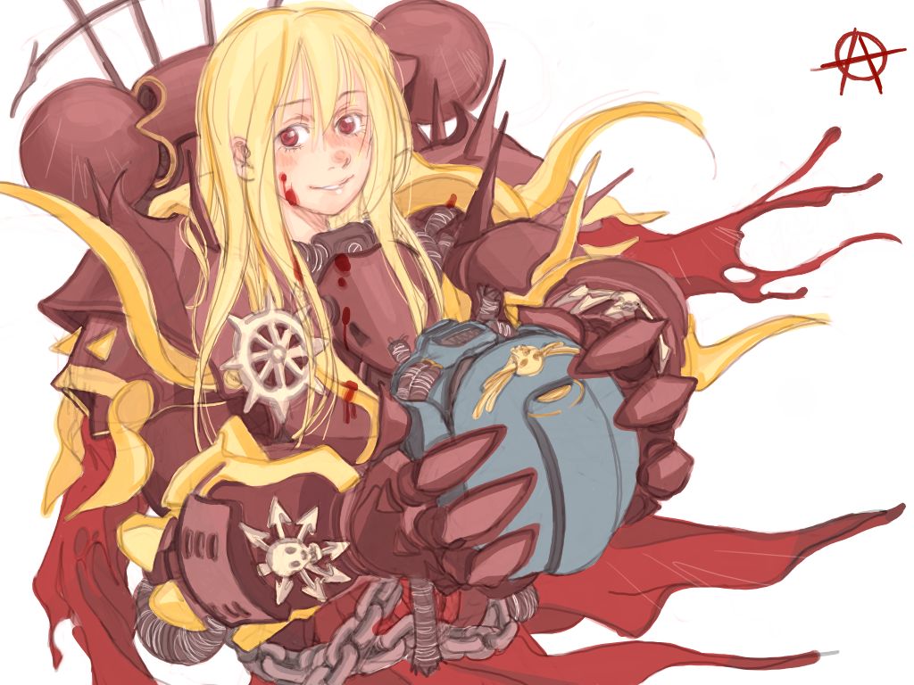 circle a, adeptus astartes, chaos space marine, warhammer 40k, head, gender request, 1girl, armor, blonde hair, blood, chaos (warhammer), decapitation, female focus, genderswap, helmet, heresy, red eyes, solo
