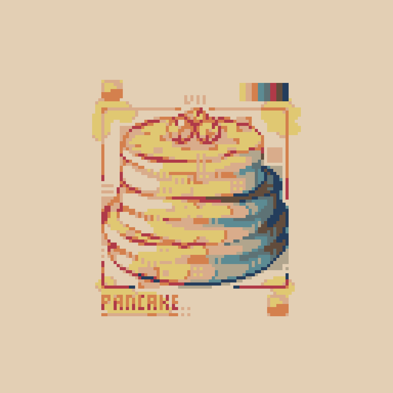 original, highres, berry, color guide, english text, food, food focus, no humans, pancake, pancake stack, pixel art, plate, ventiquepxl