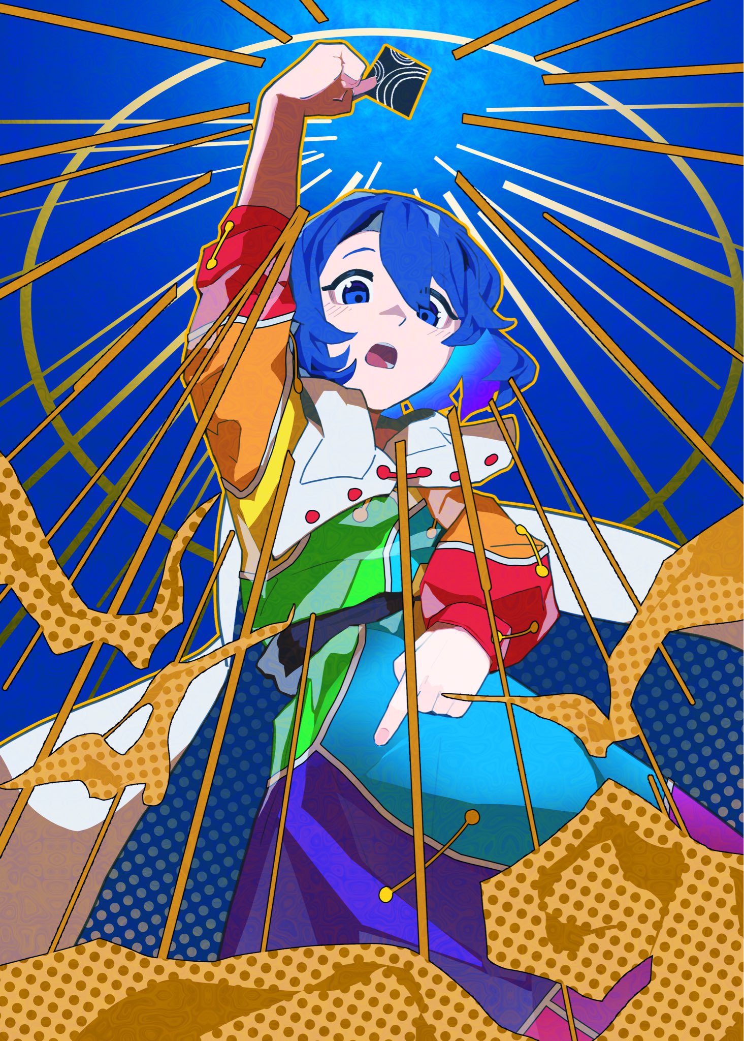 dauchimk 1, tenkyuu chimata, touhou, highres, 1girl, blue hair, card, dress, dynamic pose, hair between eyes, hairband, long sleeves, multicolored dress, multicolored hairband, purple eyes, purple hair, rainbow gradient, short hair, solo, tarot, tarot card