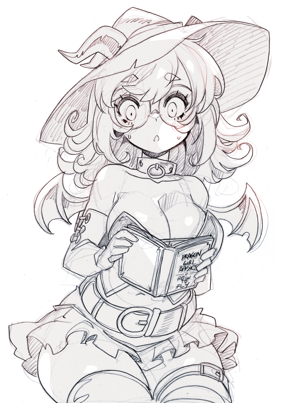 parororo, original, commentary, english commentary, highres, 1girl, :o, bare shoulders, belt, bodice, book, breasts, cleavage, collar, corset, cowboy shot, curly hair, dragon girl, dragon horns, dragon wings, elbow gloves, english text, gloves, hat, holding, holding book, horns, invisible chair, large breasts, legs together, medium hair, microskirt, mini wings, monochrome, navel, open mouth, pleated skirt, round eyewear, semi-rimless eyewear, simple background, sitting, sketch background, skirt, solo, sweatdrop, thigh strap, thighhighs, white background, wings, witch hat, zettai ryouiki