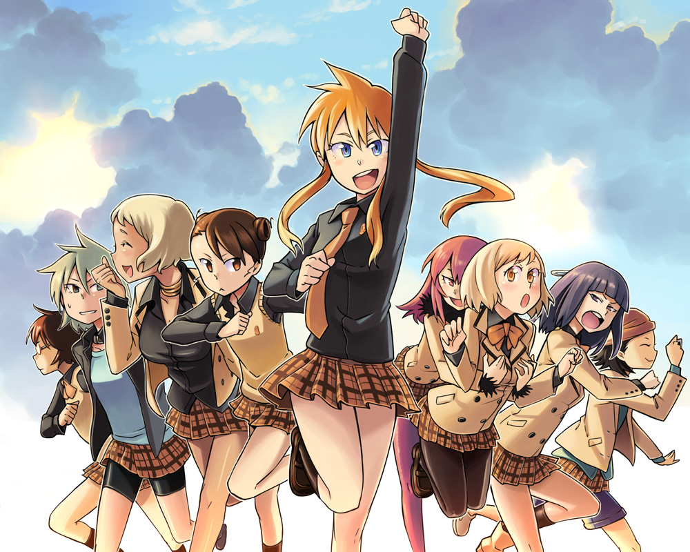 bowieknife, andou nene, iizuka tatsuki, kageyama torako, kazamatsuri touma, kobayashi koma, makunouchi ushio, nonomura ayumi, ooba minato, saotome suzume, hyakko, 00s, 6+girls, :<, black hair, blonde hair, blush, brown hair, cloud, dark-skinned female, dark skin, double bun, everyone, facing viewer, feet out of frame, long hair, looking at viewer, miniskirt, multiple girls, outdoors, pantyhose, pleated skirt, school uniform, short hair, skirt, sky, smile, standing, twintails