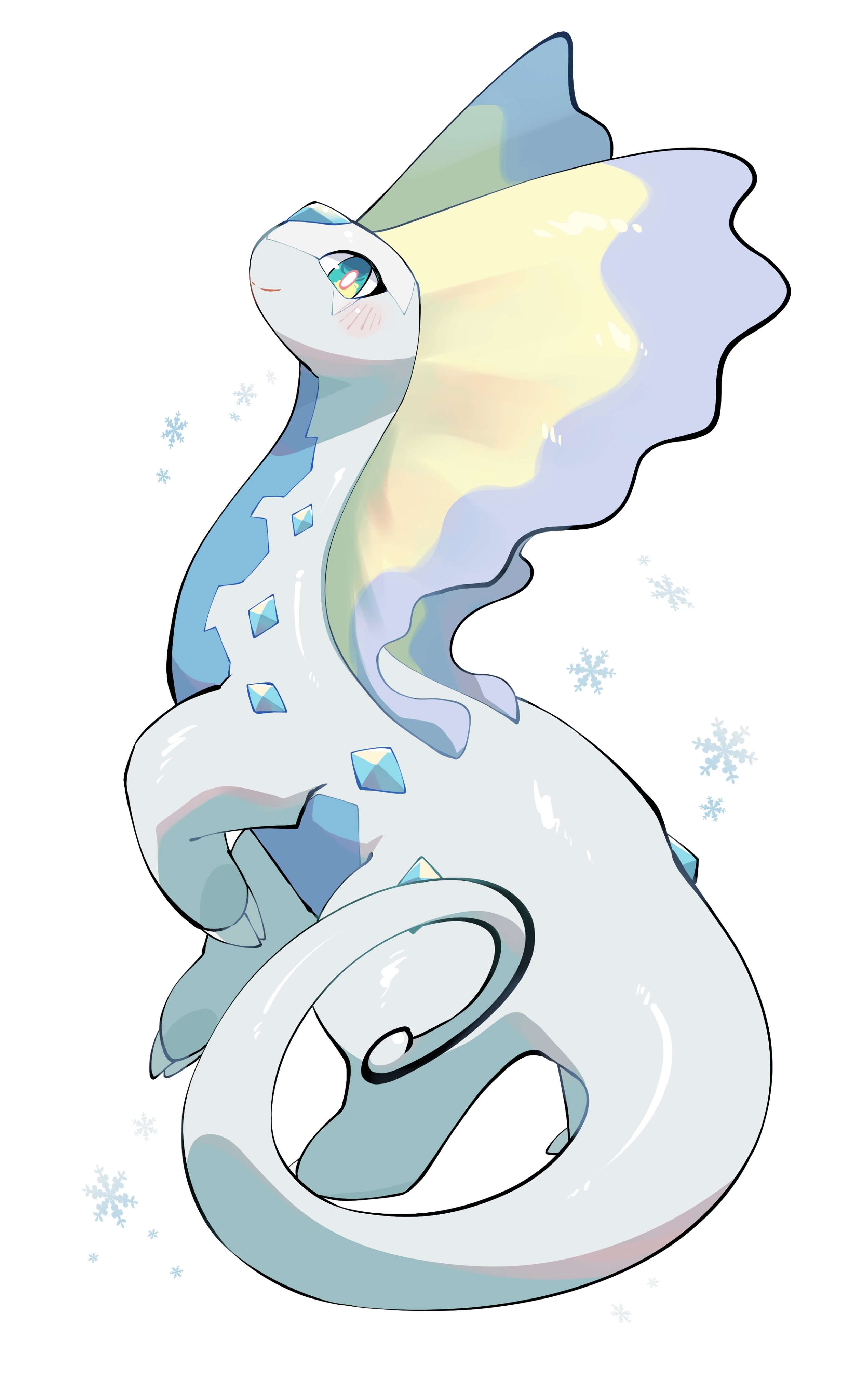 yumeminoideyu2, aurorus, nintendo, pokemon, absurdres, highres, alternate color, animal focus, aqua eyes, blue gemstone, bright pupils, claws, closed mouth, dinosaur, full body, gem, gen 6 pokemon, looking at viewer, no humans, pokemon (creature), shiny pokemon, simple background, snowflakes, solo, standing, white background, white pupils