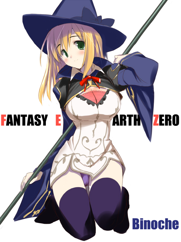 hima, fantasy earth zero, bad id, bad pixiv id, 1girl, blonde hair, blush, breasts, cape, cleavage, dress, female focus, green eyes, hat, kneeling, large breasts, long hair, panties, pantyshot, smile, solo, thighhighs, underwear, witch hat