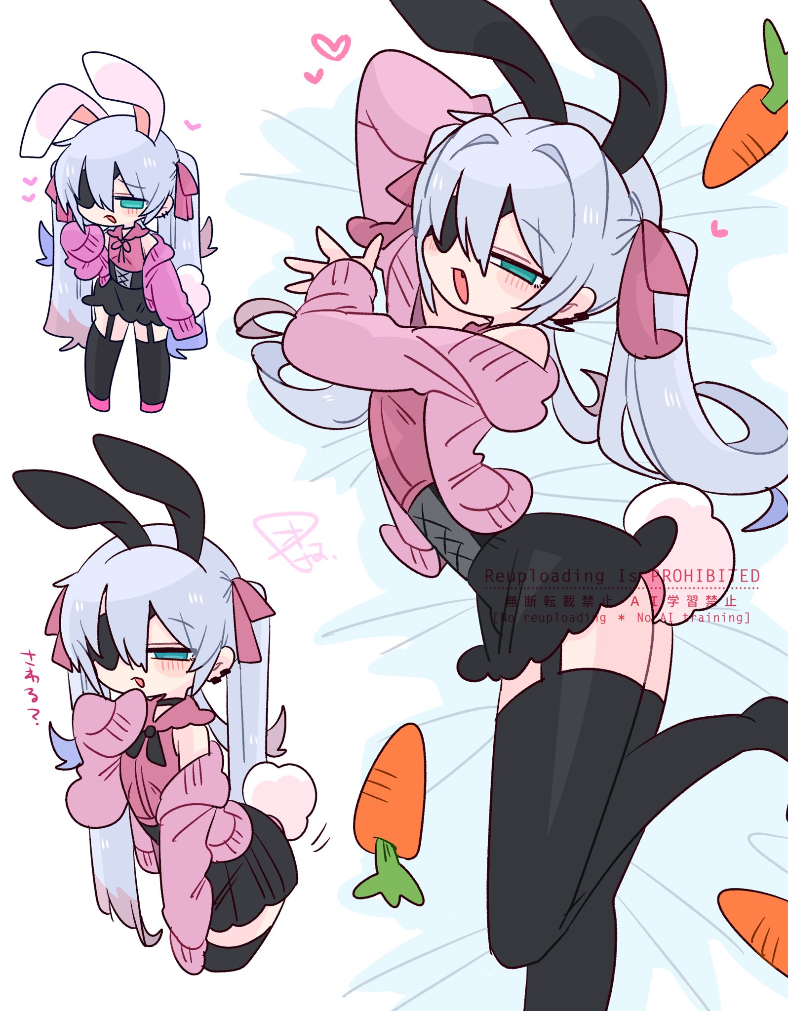 op na yarou, original, highres, 1boy, :o, animal ear hairband, animal ears, arched back, arm up, bare shoulders, black choker, black corset, black hairband, black neckerchief, black ribbon, black skirt, black thighhighs, blue eyes, blue hair, blush, bow, bulge, cardigan, carrot, choker, collar, collared shirt, colored tips, corset, cowboy shot, crossdressing, crossdressing (mtf), double-parted bangs, earclip, extra ears, eyepatch, fake animal ears, fake tail, flipped hair, frilled collar, frilled shirt collar, frills, from above, full body, garter straps, hair between eyes, hair bow, hair intakes, hairband, hand up, heart, leaning forward, long hair, lying, male focus, miniskirt, multicolored hair, multiple views, narrowed eyes, neck ribbon, neckerchief, no nose, no pupils, no shoes, off shoulder, on side, one eye covered, open cardigan, open clothes, open mouth, parted lips, pink bow, pink cardigan, pink shirt, pink shoes, quad tails, rabbit boy, rabbit ear hairband, rabbit ears, rabbit tail, raised inner eyebrows, red hair, ribbon, rigel (op na yarou), shirt, shoes, sidelocks, simple background, skirt, sleeveless, sleeveless shirt, sleeves past fingers, sleeves past wrists, straight hair, tail, thighhighs, thighs, trap, very long hair, watermark, white background, white hair