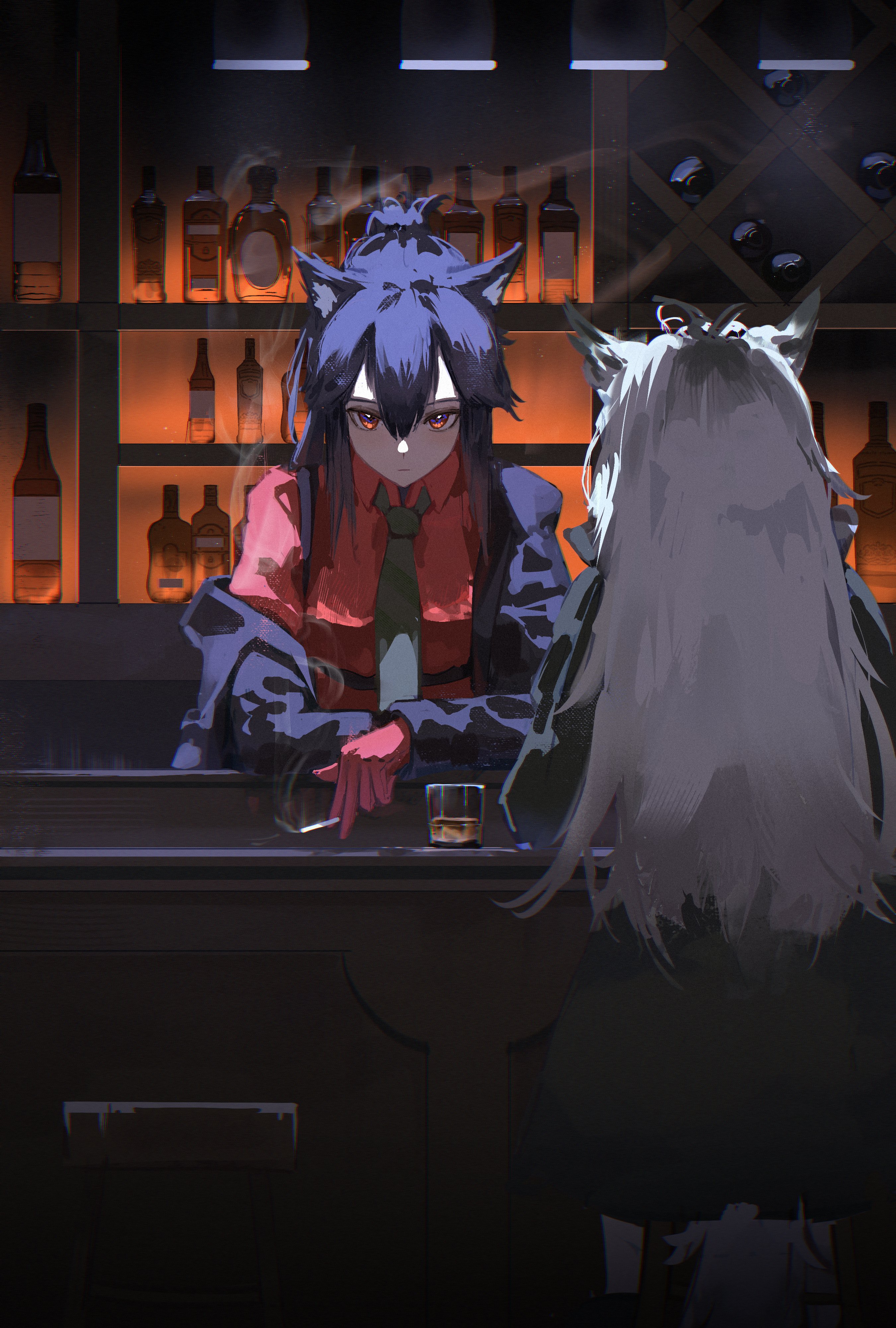 eien 001, lappland (arknights), texas (arknights), texas (willpower) (arknights), arknights, absurdres, hashtag-only commentary, highres, 2girls, alcohol, animal ears, bar (place), between fingers, black coat, black hair, black jacket, bottle, chromatic aberration, cigarette, closed mouth, coat, collared shirt, counter, cup, drink, drinking glass, facing away, gloves, green necktie, grey hair, hair between eyes, holding, holding cigarette, indoors, jacket, light particles, long hair, long sleeves, looking at viewer, multicolored eyes, multiple girls, necktie, off shoulder, official alternate costume, orange eyes, purple eyes, red gloves, red shirt, shirt, sidelocks, smoke, two-tone eyes, wolf ears, wolf girl