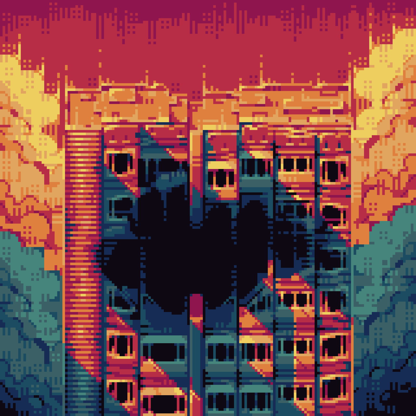 original, highres, broken wall, building, cloud, cloudy sky, color contrast, hospital, no humans, outdoors, pixel art, saturated, scenery, sky, ventiquepxl