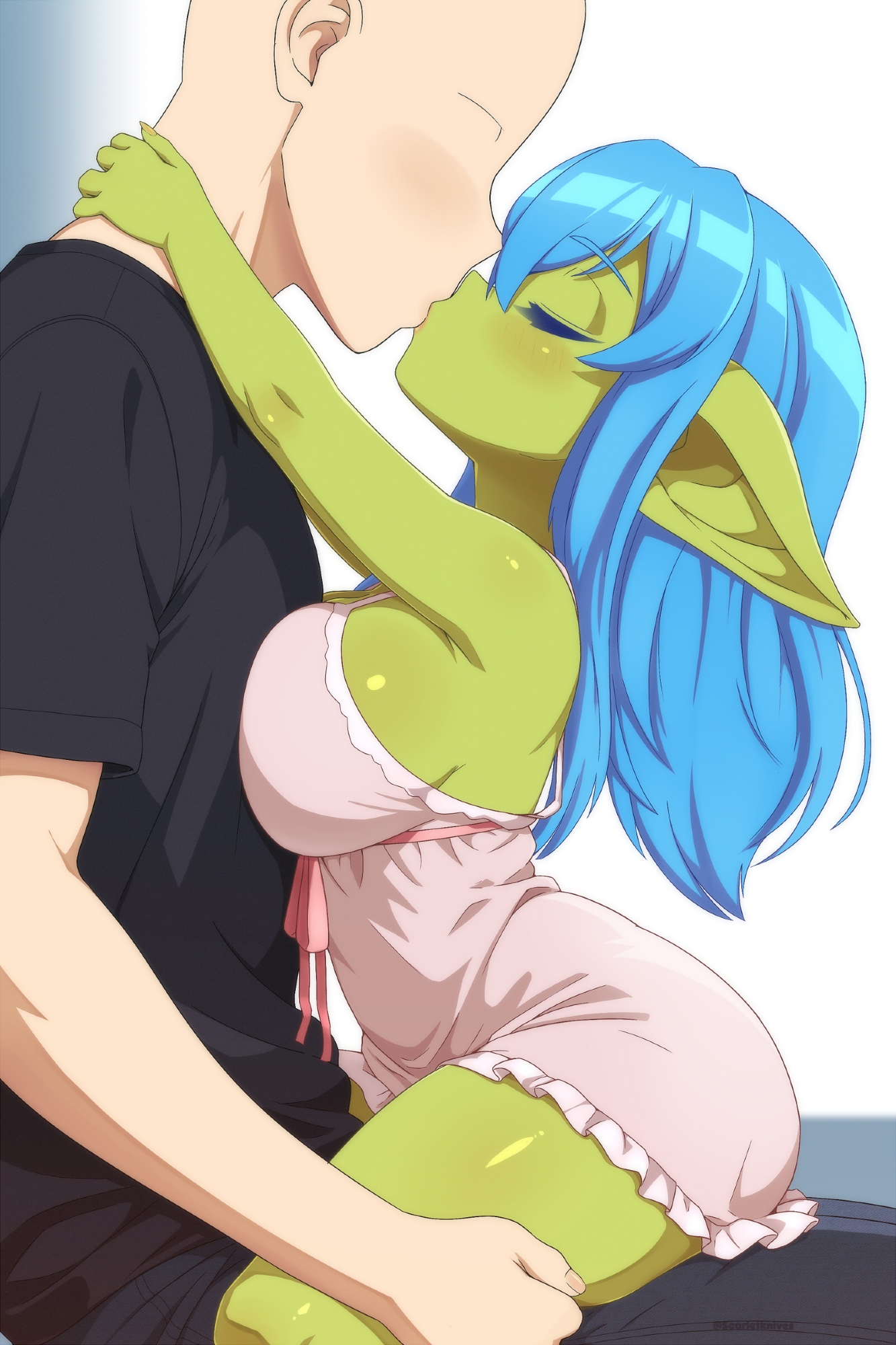 scarletknives-x, original, highres, 1boy, 1girl, blue hair, blush, breasts, camisole, closed eyes, colored skin, couple, faceless, faceless male, female goblin, goblin, green skin, height difference, kiss, large breasts, large ears, long hair, long pointy ears, pointy ears, shortstack, sideboob, straddling