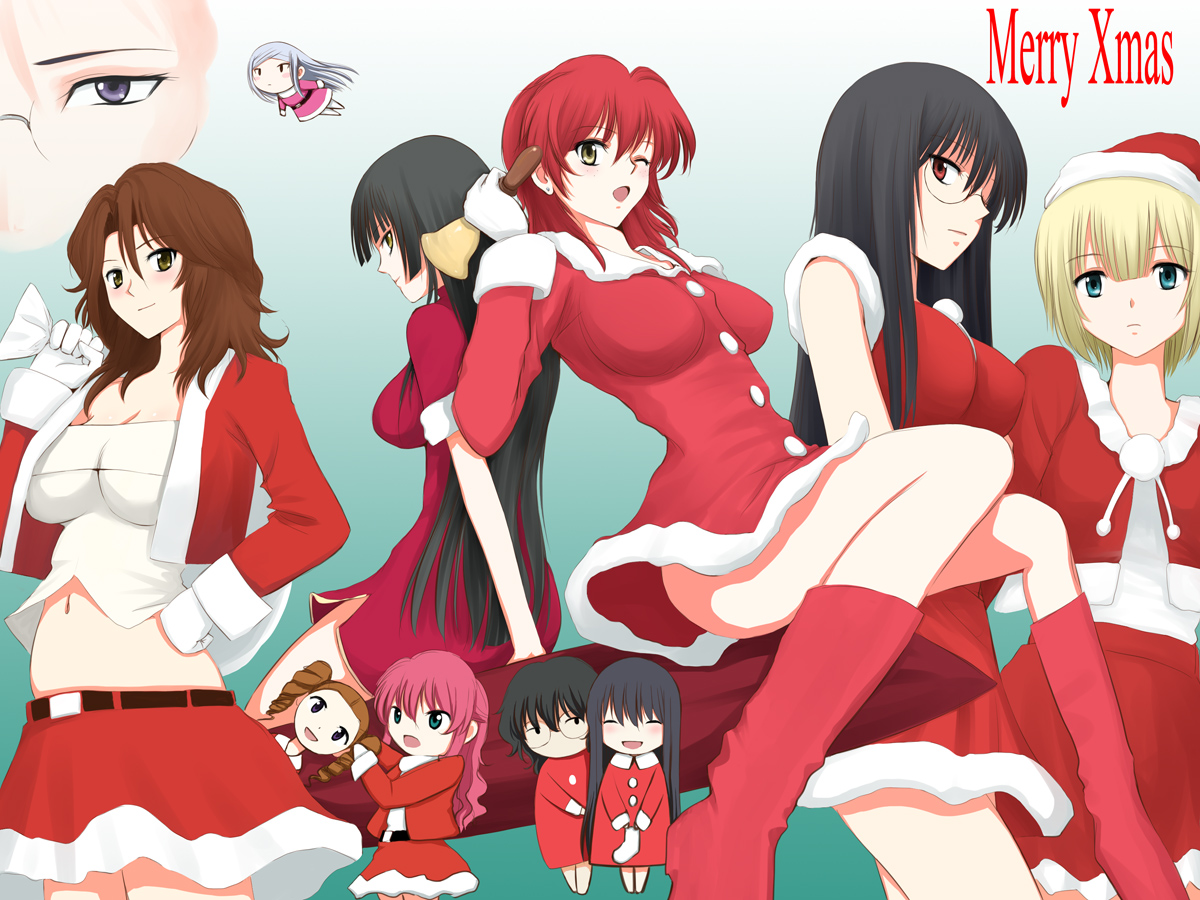 niwatori kokezou, feldt grace, kati mannequin, louise halevy, marina ismail, mileina vashti, nena trinity, shirin bakhtiar, soma peries, sumeragi lee noriega, tieria erde, wang liu mei, gundam, gundam 00, silver hair, 00s, 6+girls, bell, black hair, blonde hair, blue eyes, blush, boots, brown eyes, brown hair, chibi, closed eyes, drill hair, everyone, glasses, green eyes, hat, long hair, midriff, multiple girls, one eye closed, pink hair, purple eyes, red eyes, red hair, santa costume, santa hat, short hair, skirt, twintails, wink, yellow eyes