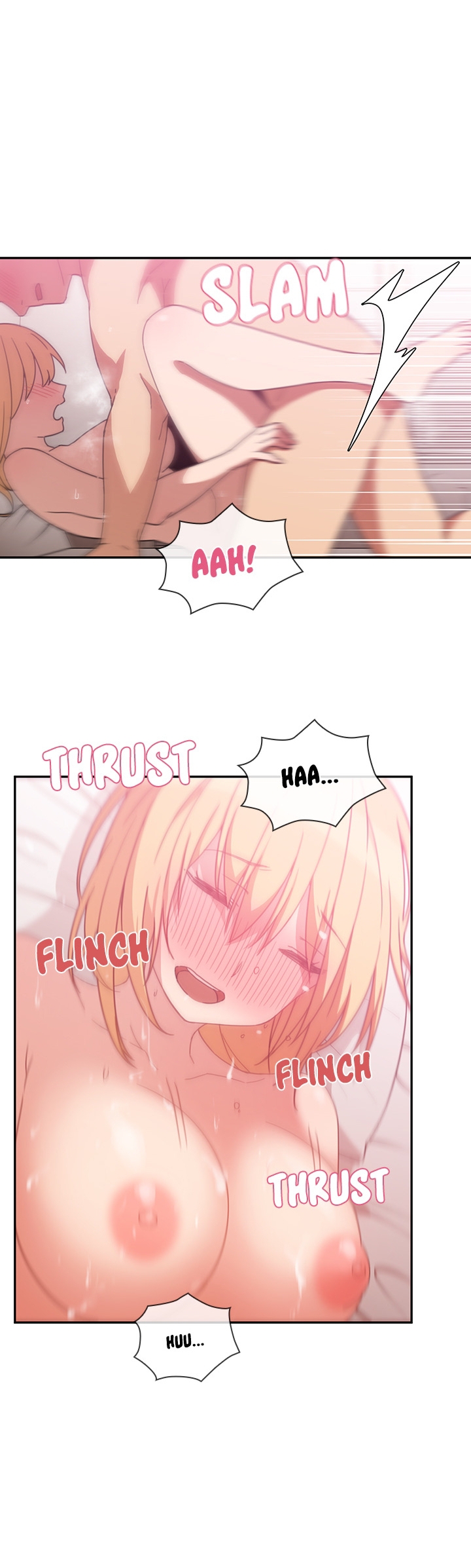 pornhwa, webtoon, artist request, character request, colorized, cropped, highres, long image, official art, translated, 1boy, 1girl, bare shoulders, bed, bed sheet, blush, bouncing breasts, breasts, closed eyes, collarbone, english text, large breasts, lying, lying on person, motion lines, nipples, nude, on back, on stomach, open mouth, pillow, rough sex, sex, speed lines, sweat, sweatdrop, teeth, upper teeth only
