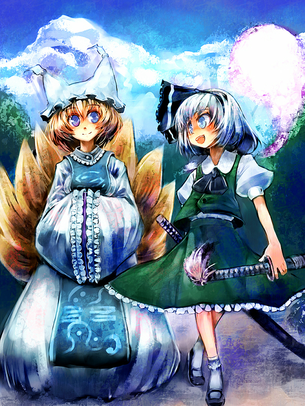 ukyo rst, konpaku youmu, konpaku youmu (ghost), yakumo ran, touhou, silver hair, 2girls, blonde hair, blue eyes, female focus, fox tail, hairband, hat, hitodama, katana, multiple girls, ribbon, short hair, sky, sword, tail, weapon