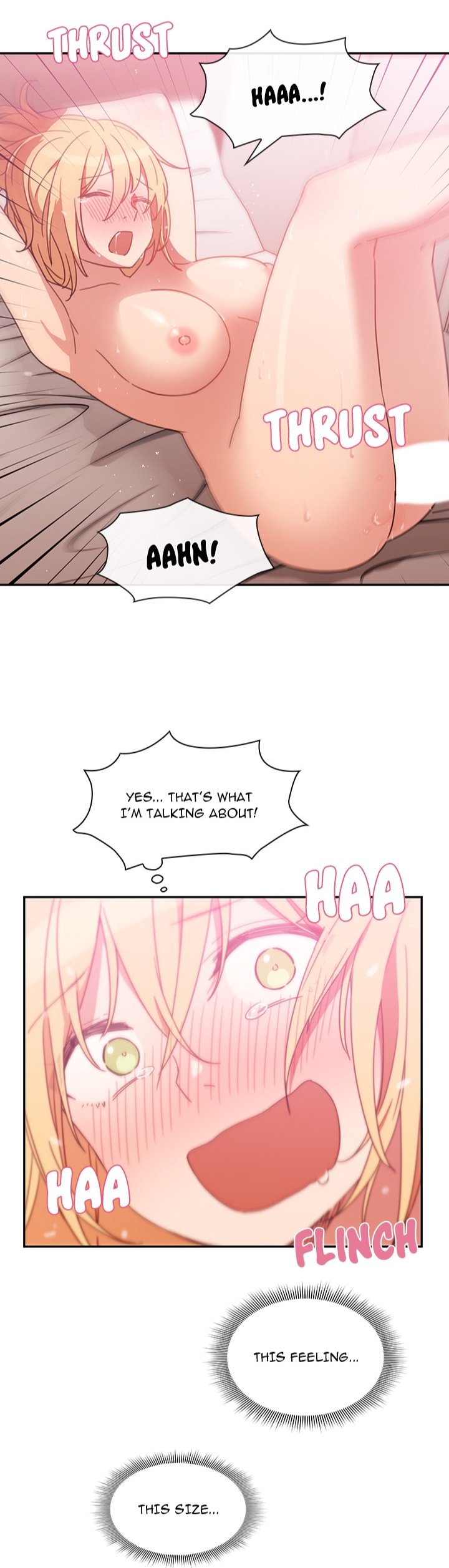 pornhwa, webtoon, artist request, character request, colorized, cropped, highres, long image, official art, translated, 1boy, 1girl, armpits, arms up, bare shoulders, bed, bed sheet, blonde hair, blush, breasts, censored, closed eyes, collarbone, drooling, english text, female focus, green eyes, large breasts, legs, looking at viewer, lying, medium hair, nipples, nude, on back, open mouth, penis, saliva, saliva trail, sex, speech bubble, sweat, sweatdrop, tearing up, tears, thighs