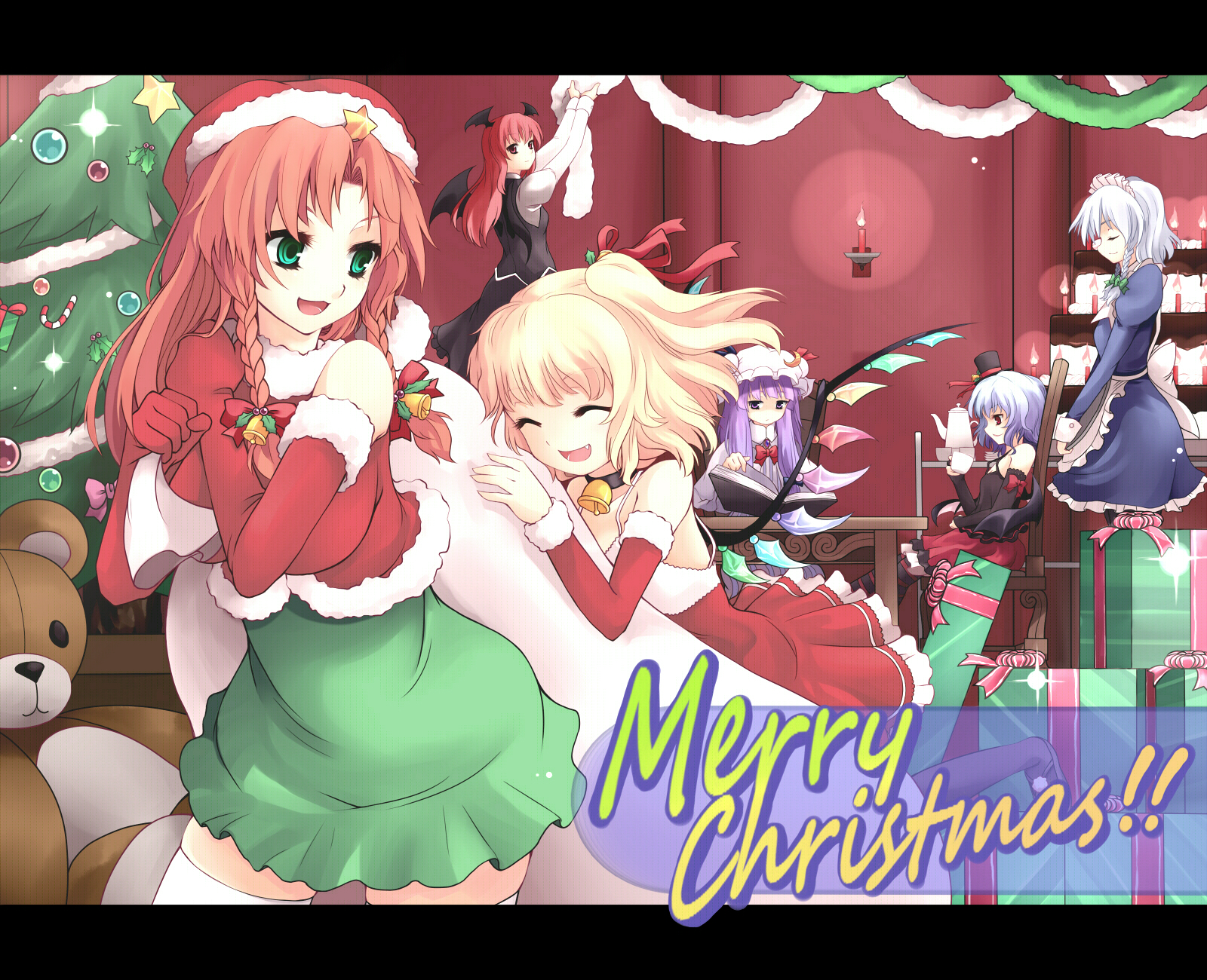 uruu gekka, flandre scarlet, hong meiling, izayoi sakuya, koakuma, patchouli knowledge, remilia scarlet, embodiment of scarlet devil, touhou, ^o^, silver hair, highres, 6+girls, ^ ^, alternate costume, bat wings, bear, bell, blonde hair, blue hair, candle, christmas, christmas tree, closed eyes, collar, female focus, gloves, green eyes, hair bell, hair ornament, hairband, hat, holly, indoors, letterboxed, long hair, maid, merry christmas, mini hat, mini top hat, multiple girls, neck bell, no headwear, purple hair, red gloves, red hair, ribbon, sack, santa costume, santa hat, short hair, star (symbol), stuffed animal, stuffed toy, tea, teddy bear, top hat, wings