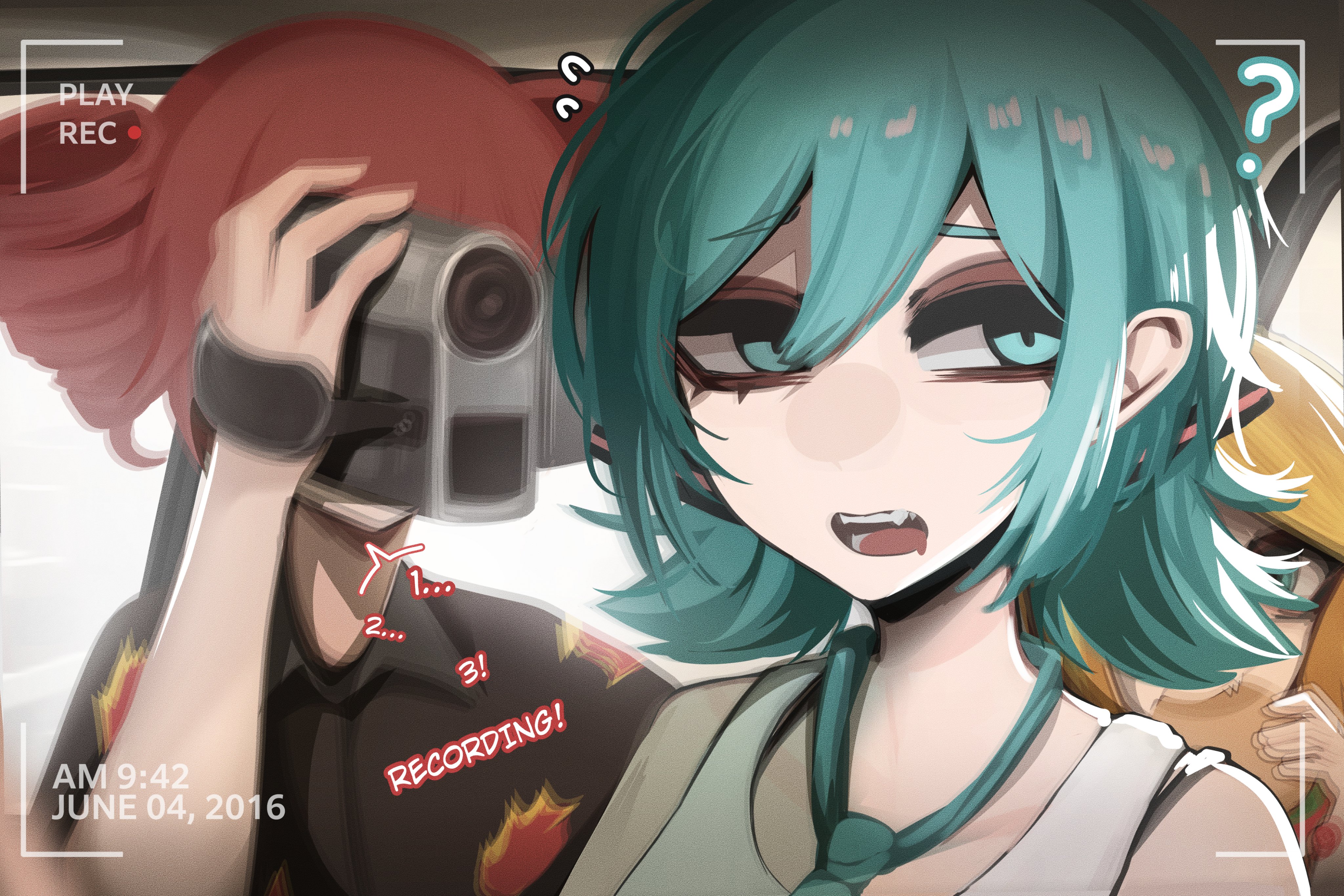mikuneki, akita neru, hatsune miku, kasane teto, utau, vocaloid, absurdres, commentary, english commentary, highres, 3girls, ?, alternate hair length, alternate hairstyle, black shirt, blonde hair, blue eyes, blue hair, blue necktie, camera, confused, double-parted bangs, english text, flying sweatdrops, hair between eyes, holding, holding camera, looking at viewer, loose necktie, multiple girls, necktie, open mouth, recording, red hair, shirt, short hair, solo focus, talking, tank top, upper body, video camera, viewfinder, white tank top