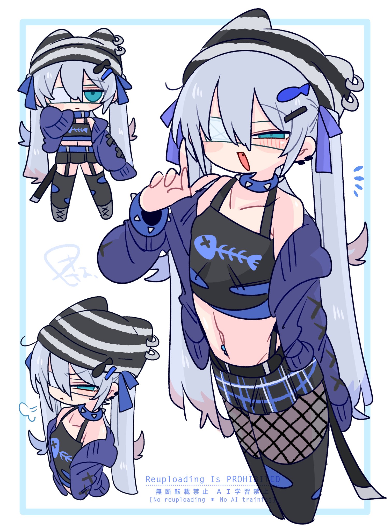 op na yarou, original, commentary, highres, 1boy, animal ear headwear, armpit crease, bare shoulders, belt, belt skirt, black belt, black hat, black panties, black shirt, black skirt, black thighhighs, blue bow, blue cardigan, blue collar, blue eyes, blue hair, blue shirt, blush, bow, bracelet, bulge, cardigan, chibi, collar, collarbone, colored tips, cowboy shot, crop top, cropped shirt, crossdressing, crossdressing (mtf), double-parted bangs, earclip, expressionless, eyepatch, fake animal ears, fang, fish hair ornament, fish skeleton, fish skeleton print, fishnets, flipped hair, from side, full body, furrowed brow, garter straps, grey shoes, hair between eyes, hair bow, hair ornament, hand up, hat, highleg, highleg panties, jewelry, jitome, legs apart, long hair, long sleeves, looking at viewer, male focus, medical eyepatch, microskirt, midriff, multicolored hair, multicolored hat, multicolored shirt, multiple views, narrowed eyes, navel, navel piercing, no nose, off shoulder, one eye covered, open cardigan, open clothes, open mouth, panties, panty straps, piercing, plaid clothes, plaid skirt, pleated skirt, pout, print shirt, puff of air, quad tails, red hair, rigel (op na yarou), shirt, shoes, sidelocks, simple background, skirt, sleeveless, sleeveless shirt, sleeves past fingers, sleeves past wrists, smug, spiked bracelet, spiked collar, spikes, stomach, straight hair, tank top, thighhighs, thighs, trap, underwear, upper body, v, very long hair, watermark, white background, white hair, white hat