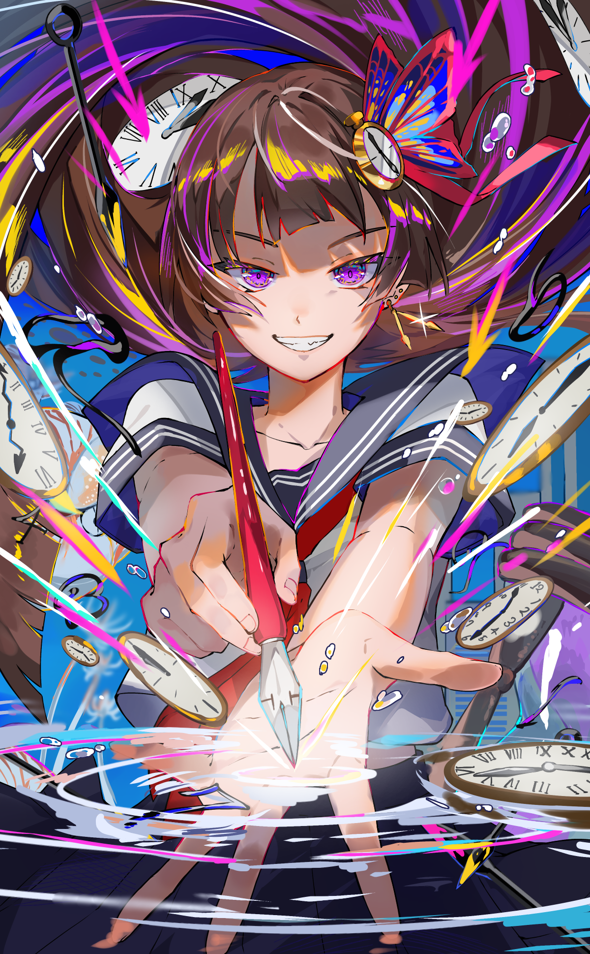 rnp 02, original, commentary request, highres, 1girl, analog clock, black sailor collar, black skirt, brown hair, butterfly hair ornament, clock, clock hair ornament, clock hands, collarbone, cowboy shot, earrings, fingernails, floating, floating clothes, floating hair, floating object, foreshortening, glint, grin, hair ornament, holding, holding pen, jewelry, long hair, looking at viewer, multicolored hair, multiple earrings, neckerchief, nib pen (object), open mouth, outstretched arms, pen, pocket watch, purple eyes, red neckerchief, ripples, sailor collar, school uniform, shirt, short sleeves, skirt, smile, solo, spread fingers, straight-on, streaked hair, v-shaped eyebrows, watch, white shirt
