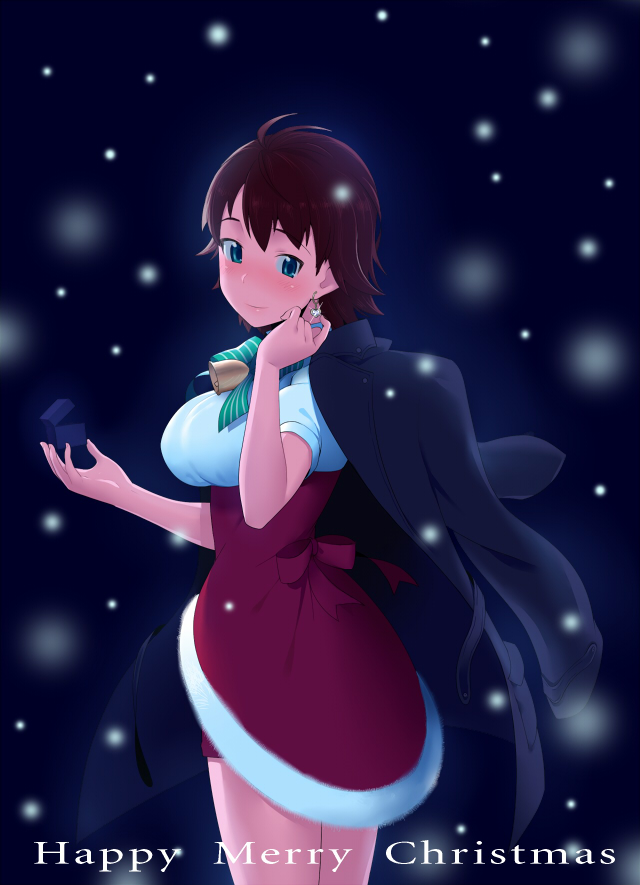 lunch (shin new), awakened miki, hoshii miki, idolmaster, idolmaster (classic), 00s, 1girl, blue eyes, blush, breasts, brown hair, christmas, earrings, female focus, jewelry, outdoors, santa costume, short hair, smile, snow, solo