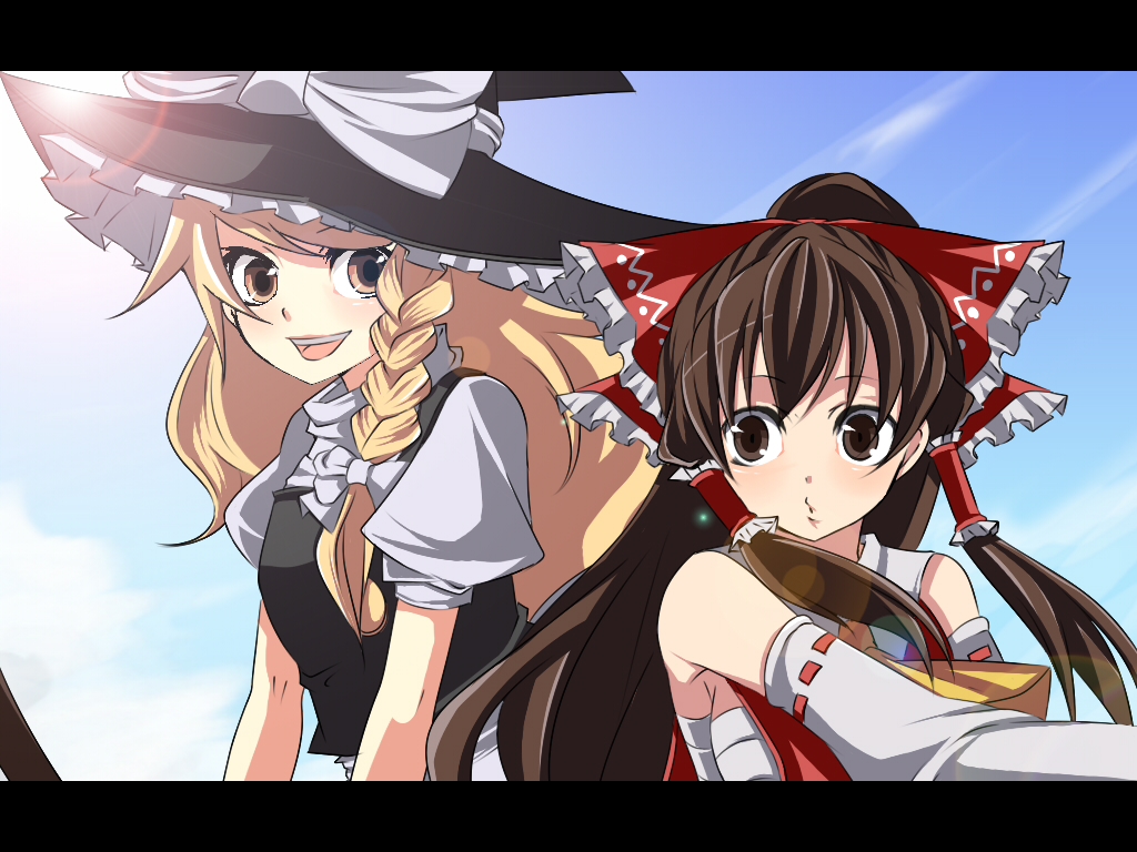 kozue, yukibina, hakurei reimu, kirisame marisa, touhou, bad id, bad pixiv id, 2girls, blonde hair, brown eyes, brown hair, day, female focus, gradient background, hat, letterboxed, long hair, multiple girls, outdoors, ribbon, sky, upper body, witch, witch hat, yellow eyes
