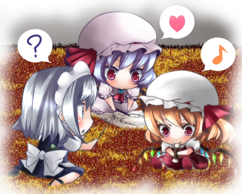 kozue, yukibina, flandre scarlet, izayoi sakuya, remilia scarlet, embodiment of scarlet devil, touhou, silver hair, bad id, bad pixiv id, 3girls, ?, bat wings, blonde hair, blue eyes, blue hair, chibi, drawing (action), female focus, flute, hairband, hat, heart, instrument, maid, mob cap, multiple girls, musical note, photo (object), recorder, red eyes, ribbon, short hair, spoken heart, wings