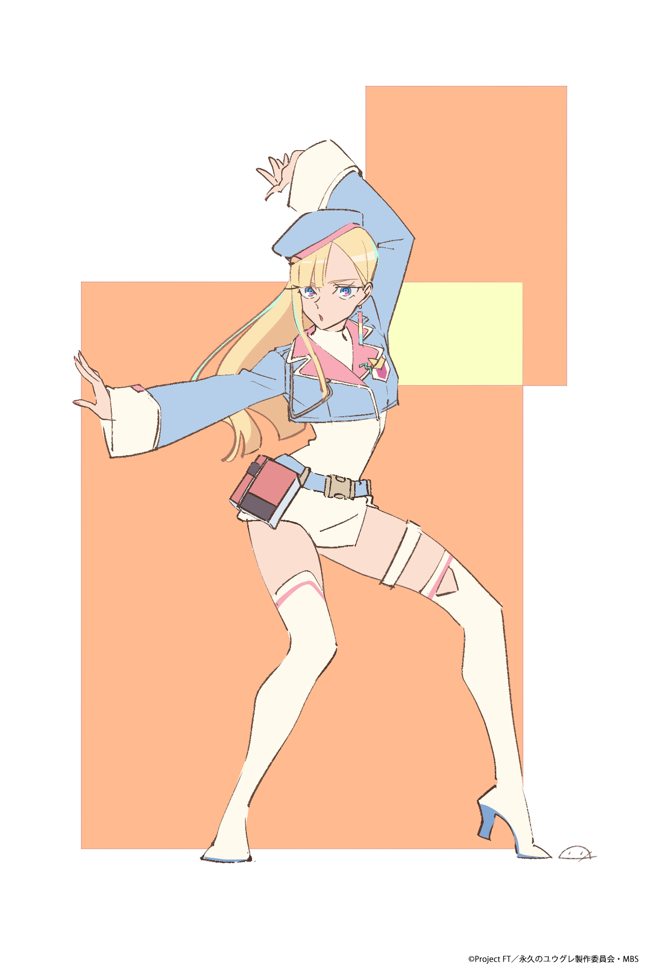 highres, official art, 1girl, arm up, belt, belt pouch, beret, blonde hair, blue belt, blue eyes, blue hat, blue jacket, boots, copyright notice, cropped jacket, dress, earrings, full body, hand in own hair, hand up, hat, high heel boots, high heels, jacket, jewelry, long hair, long sleeves, looking at viewer, orange background, outstretched arm, pouch, short dress, smile, solo, standing, thigh boots, thighs, towa no yuugure, white background, white boots, white dress, wide sleeves, yuugure (towa no yuugure)