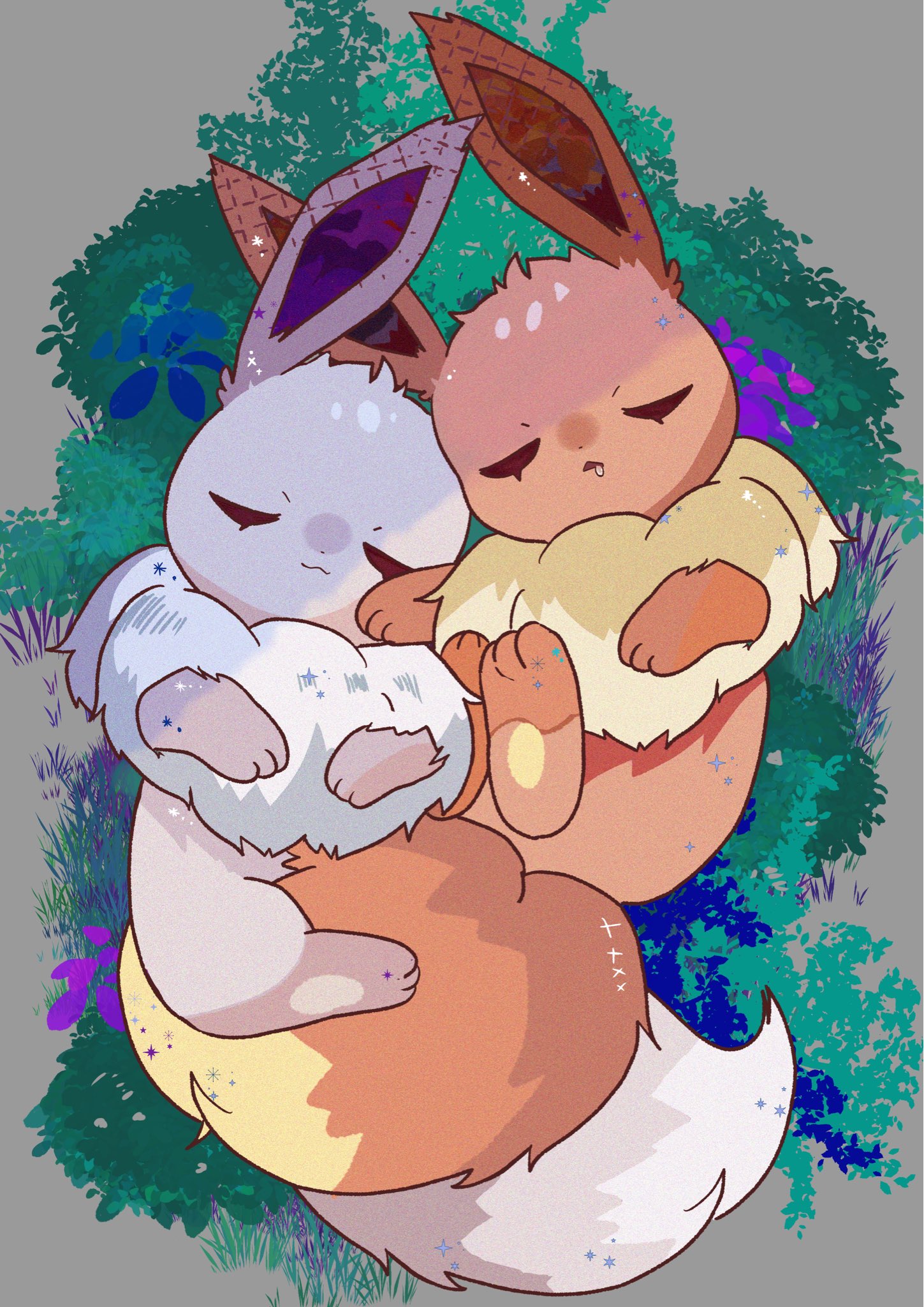 mendako (tyatyaumai29), eevee, nintendo, pokemon, highres, animal focus, brown fur, closed eyes, closed mouth, flower, gen 1 pokemon, lying, no humans, on back, pokemon (creature), pokemon focus, sleeping, tail, white fur