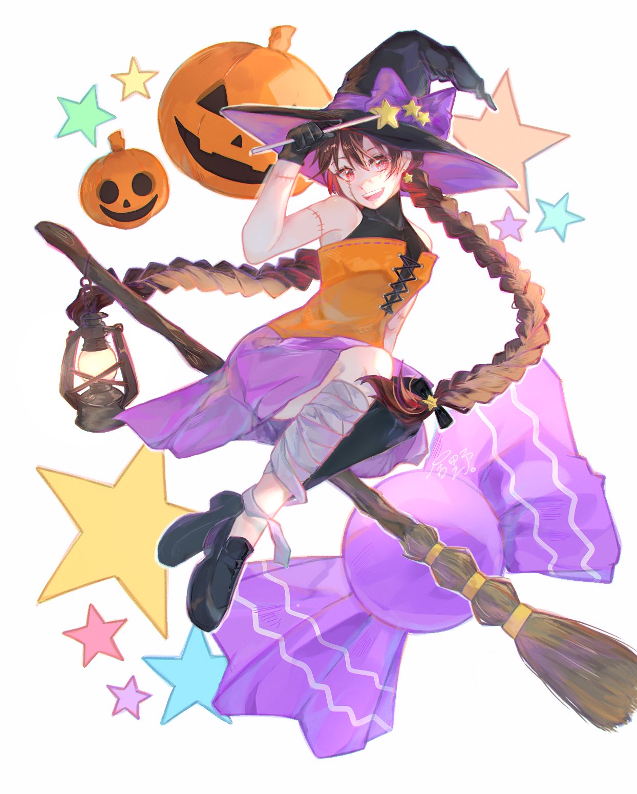 rnp 02, original, commentary, english commentary, highres, 1girl, :d, armpit crease, bandaged leg, bandages, bare arms, bare shoulders, black bow, black gloves, black hat, black shirt, black shoes, black thighhighs, bodice, bow, braid, breasts, broom, broom riding, brown hair, candy, covered collarbone, earrings, floating hair, food, full body, gloves, hair between eyes, hair bow, halloween, hand up, hanging lantern, hat, hat bow, head tilt, holding, holding wand, jack-o'-lantern, jewelry, lantern, loafers, long hair, looking at viewer, medium breasts, open mouth, purple bow, purple skirt, red eyes, shirt, shoes, simple background, single thighhigh, sitting, skirt, sleeveless, sleeveless shirt, smile, solo, star (symbol), star earrings, star symbol background, star wand, stitched arm, stitched face, stitches, teeth, thighhighs, turning head, twin braids, upper teeth only, very long hair, wand, white background, wide brim, witch hat, wrapped candy