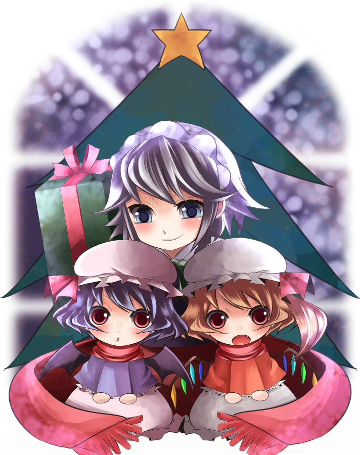kozue, yukibina, flandre scarlet, izayoi sakuya, remilia scarlet, embodiment of scarlet devil, touhou, silver hair, bad id, bad pixiv id, 3girls, aged down, bat wings, blonde hair, blue eyes, blue hair, christmas, christmas tree, female focus, gift, hairband, hat, maid, mob cap, multiple girls, nature, plant, red eyes, ribbon, scarf, short hair, star (symbol), wings