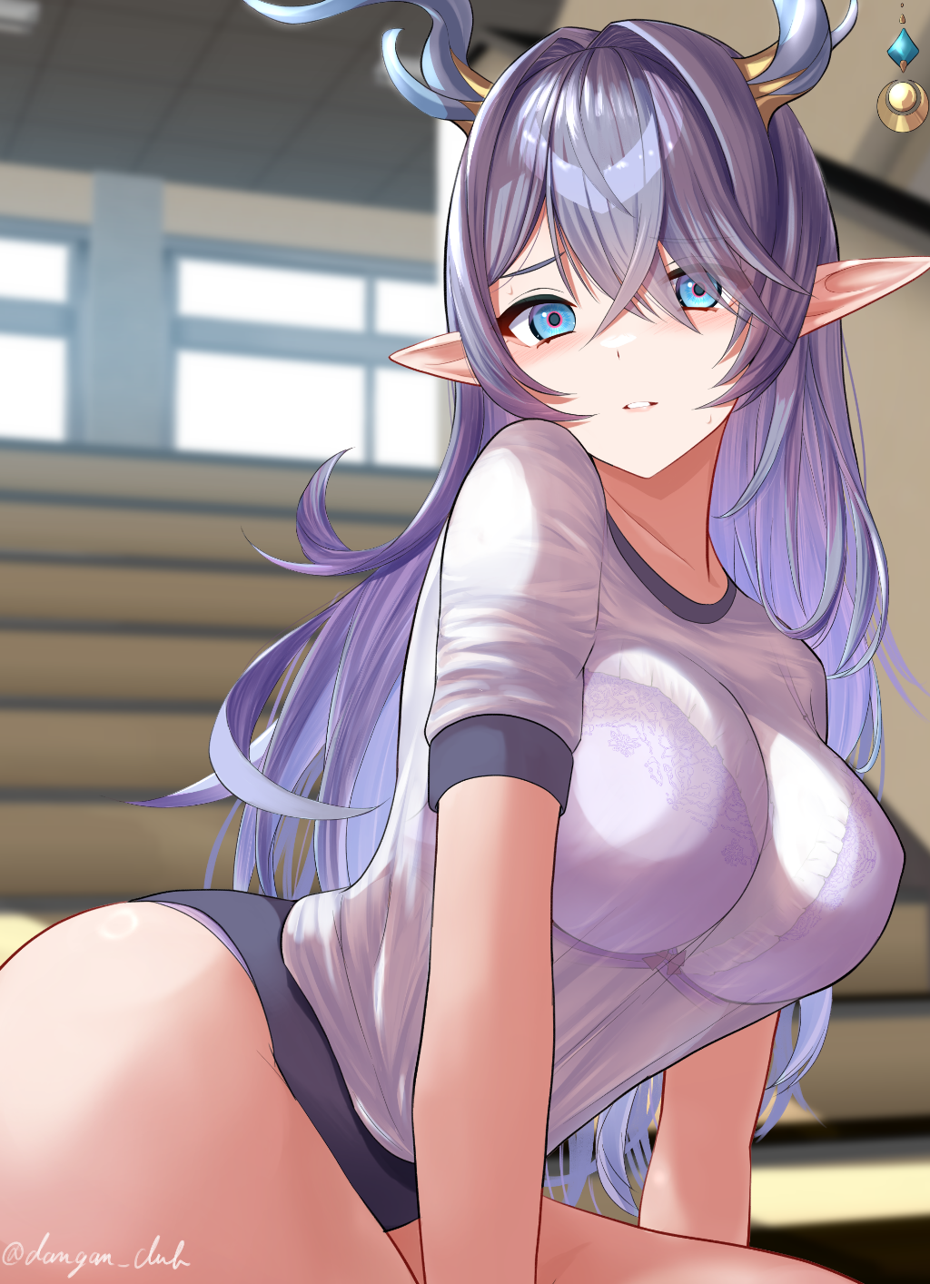 dangan kurabu, lauma (genshin impact), genshin impact, commentary, highres, 1girl, alternate costume, antler ornament, antlers, blue eyes, bra, bra visible through clothes, breasts, collarbone, hair between eyes, horns, indoors, large breasts, long hair, looking at viewer, parted lips, pointy ears, purple hair, see-through clothes, see-through shirt, shirt, solo, twitter username, underwear, very long hair, white bra, white shirt