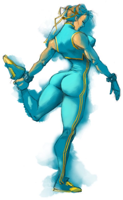 chun-li, capcom, street fighter, 1girl, ass, bodysuit, bracelet, brown hair, chinese clothes, double bun, female focus, hair bun, hair ribbon, jewelry, ribbon, skin tight, solo, spandex, spiked bracelet, spikes, thighs