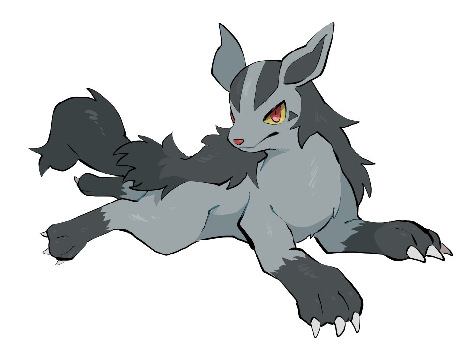 yumeminoideyu2, mightyena, nintendo, pokemon, animal focus, animal hands, black fur, claws, closed mouth, colored sclera, dog, fluffy, full body, gen 3 pokemon, grey fur, looking at viewer, lying, no humans, pokemon (creature), pokemon focus, red eyes, simple background, solo, two-tone fur, white background, yellow sclera