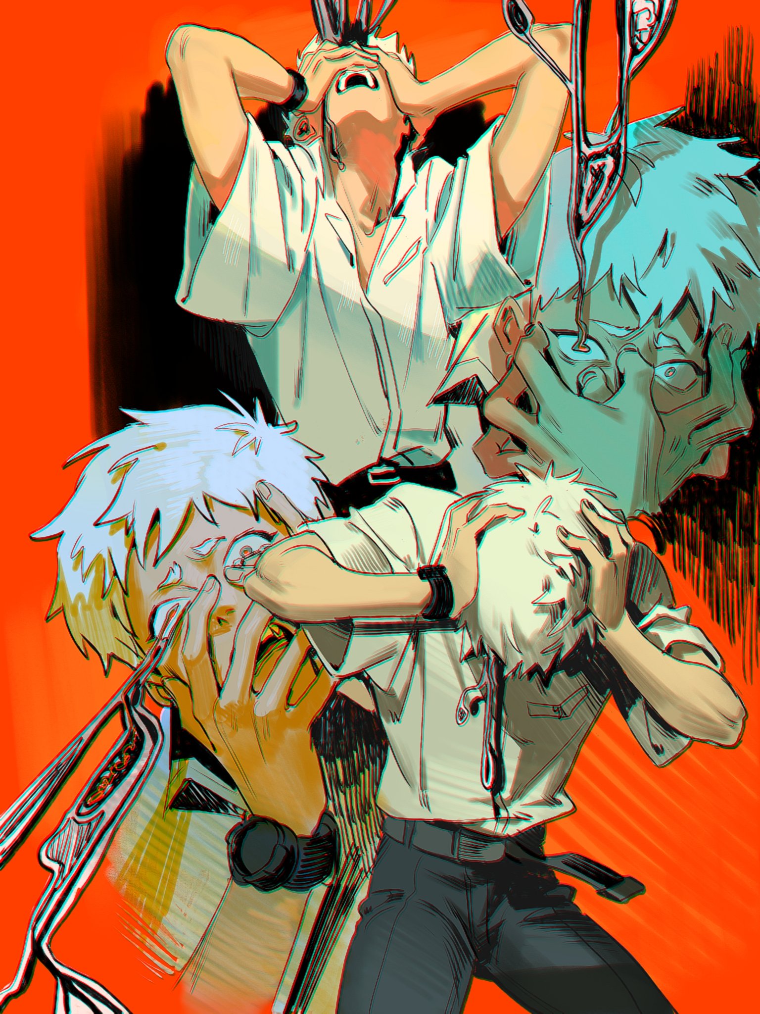 iria arts, indou hikaru, hikaru ga shinda natsu, highres, 1boy, belt, black belt, black pants, collared shirt, covering own eyes, hands on own head, male focus, multiple views, pants, red pupils, shirt, shirt tucked in, short hair, short sleeves, watch, white hair, white shirt, wristwatch