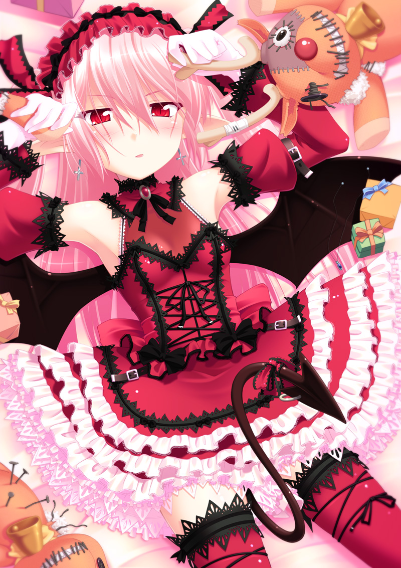 simk, yamabuki zarame, original, 1girl, bat wings, cross, cross earrings, demon girl, demon tail, detached sleeves, earrings, female focus, gothic lolita, jewelry, lolita fashion, long hair, lying, pink hair, pointy ears, red eyes, solo, staring, stuffed animal, stuffed toy, tail, thighhighs, wings, zettai ryouiki